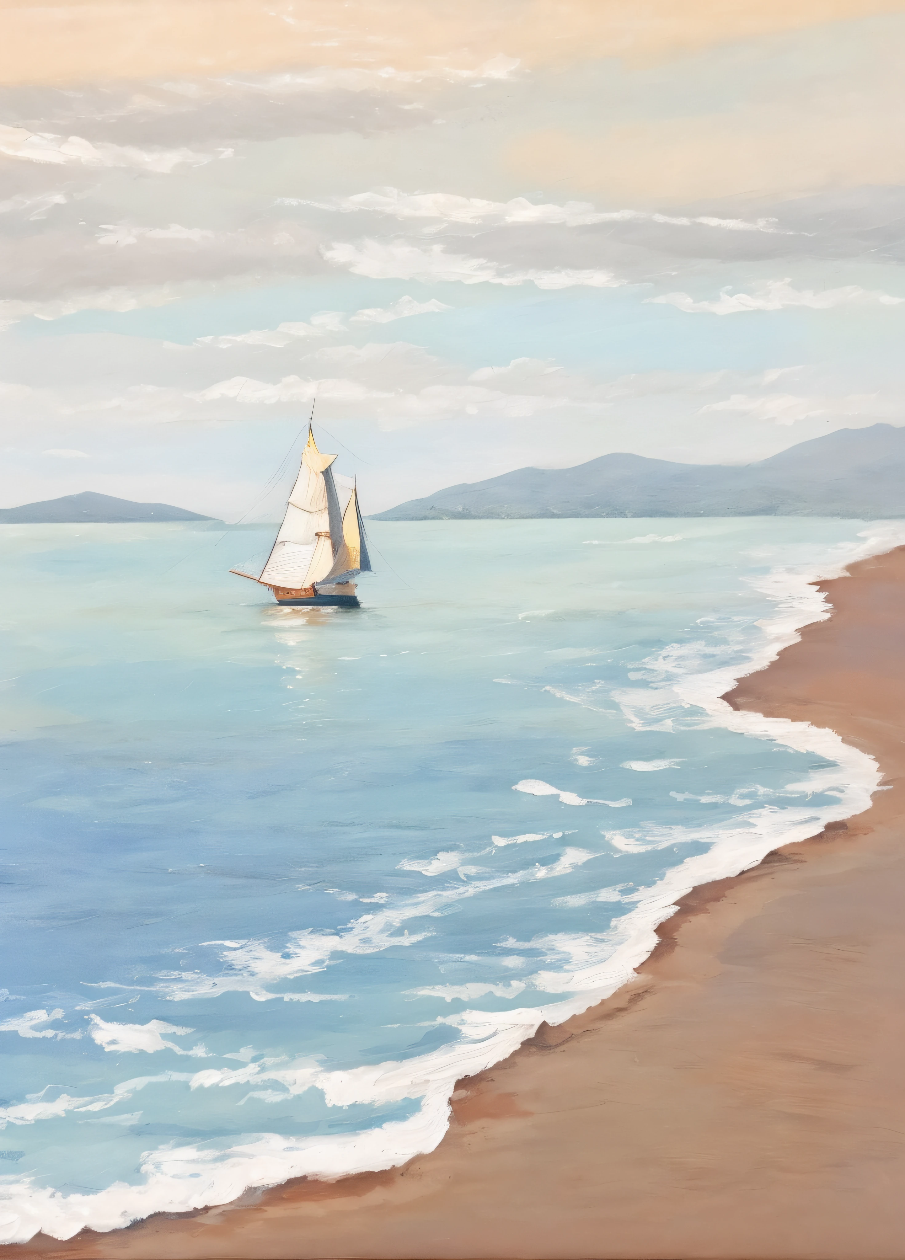 There is a sailing ship sailing on the shore, An oil painting, sail boat on the background, OilPaintStyle,Sail ships, Sail, oil on the canvas, calm seas,