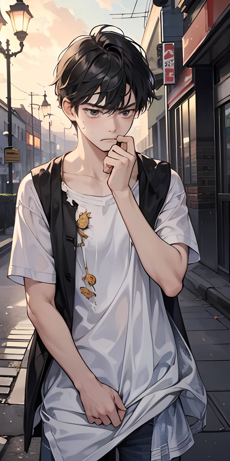 tmasterpiece，high high quality，Best quality at best，k hd，详细的脸，Detailed body，1 man，with short black hair，whitet-shirt，(Saddened expression:1.5)，(The face is sad:1.5)，（Leaning sideways against a street lamppost：1.5），Under street lights，（sat on the ground：1.2），Looks engaged，Off the street，The weather is gloomy，（and it was raining lightly：1.2），（Torn clothes：1.4），（Shabby clothes 1.2）