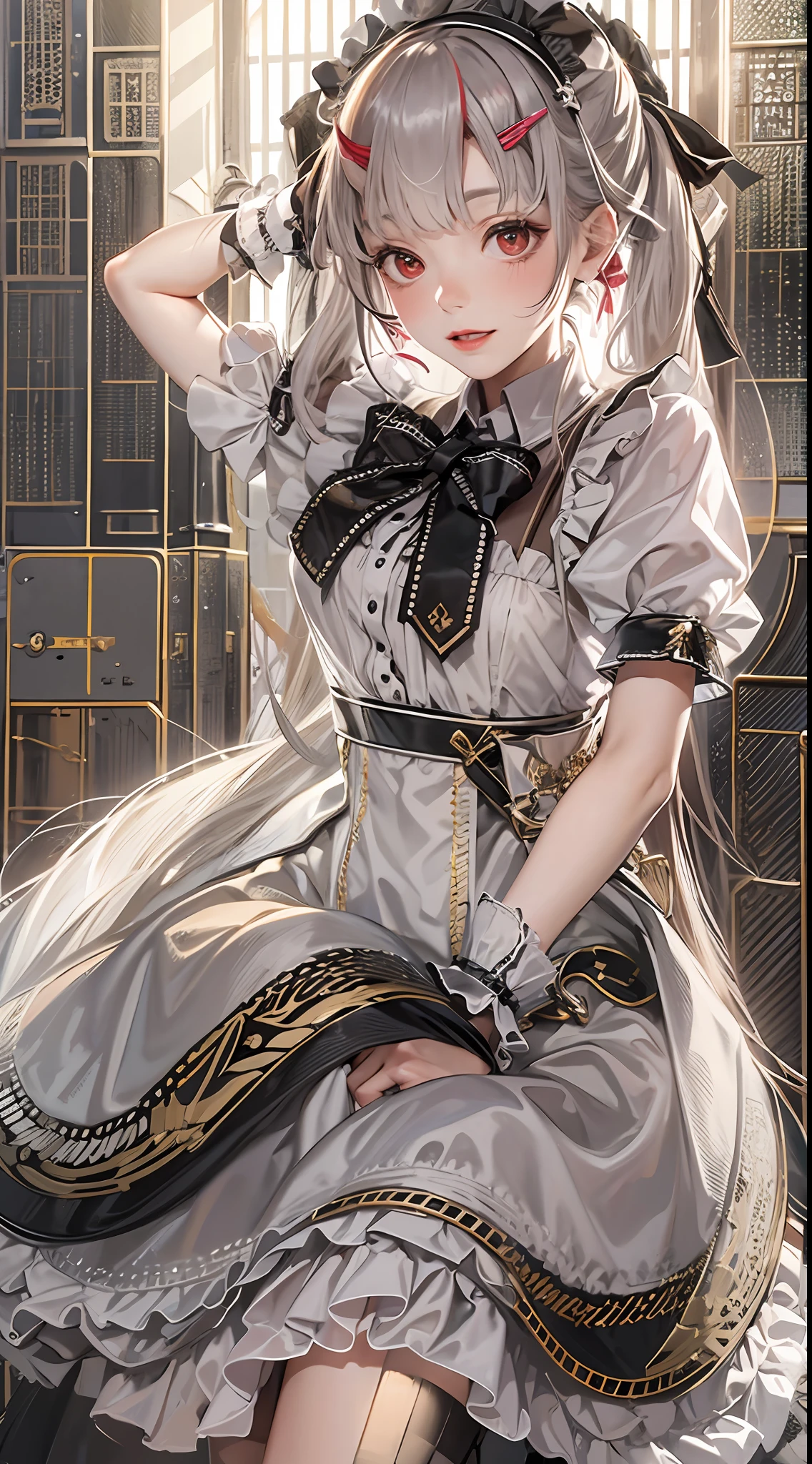 offcial art， Unity 8k Wallpapers， ultra - detailed， Beautiful and beautiful， tmasterpiece， best qualtiy， scientific fiction， （natta：1.2）， （1girll：1.3）， （年轻：1.1），The picture is clear，a close up of a woman in a dress and stockings, gorgeous maid, Maid outfit， Fighting posture， is shy， ssmile， Be red in the face， long whitr hair， whaite hair， Striped hair， red eyes， Hair Bow， Moles under the eyes， （cinmatic lighting：1.2），A person poses for a photo in a maid costume，the maid outfit，laced dress，Luxury theme，realistic dress，The skin details are very detailed，Watch machinery，Beautiful Maid，Feminine beauty，Stunning character art，Ray traching