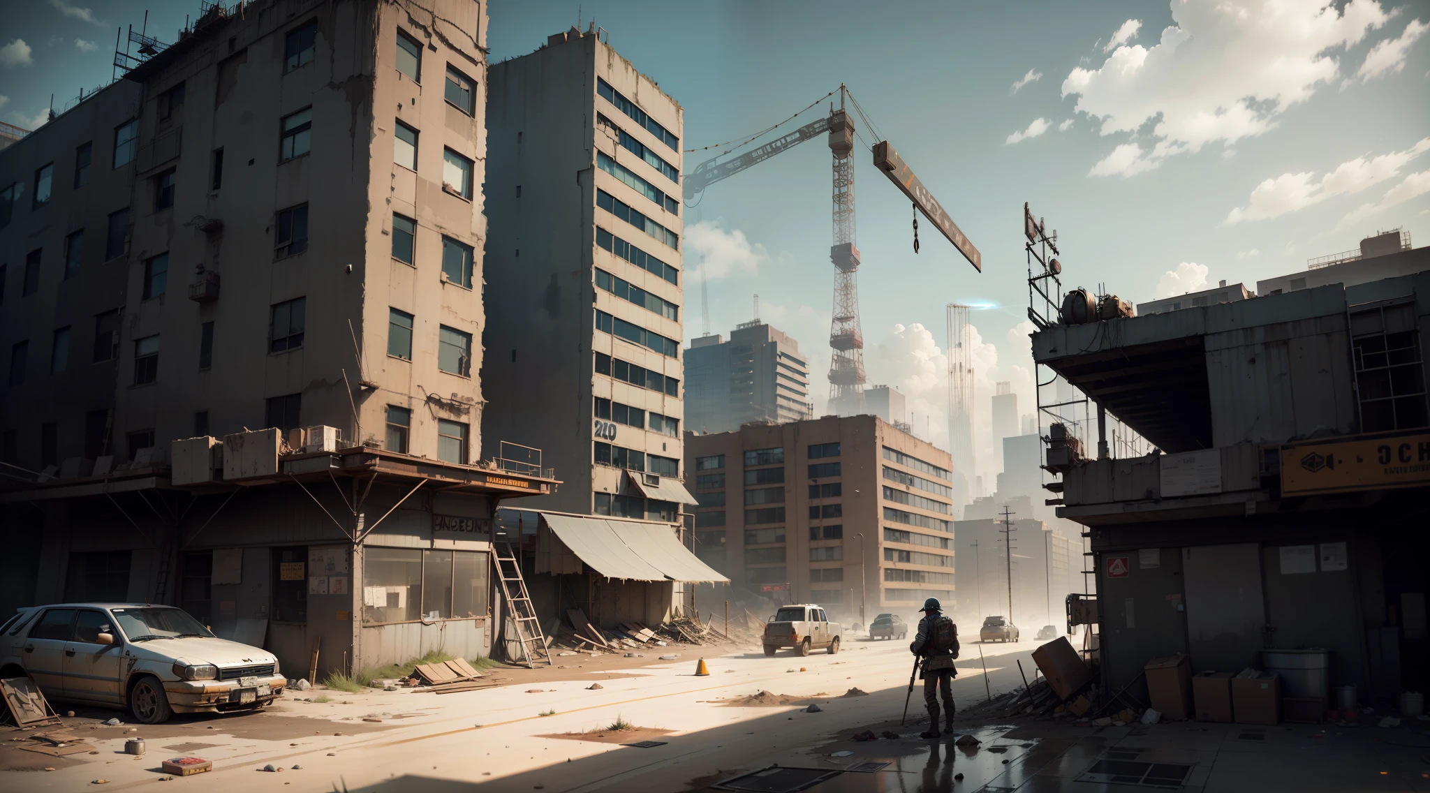 ，Industrial punk，steam style，Wasteland，post apocalyptic world，scaffolding，Construction sites，A small amount of cyberpunk style，physically-based renderingt，water puddles，Machinary