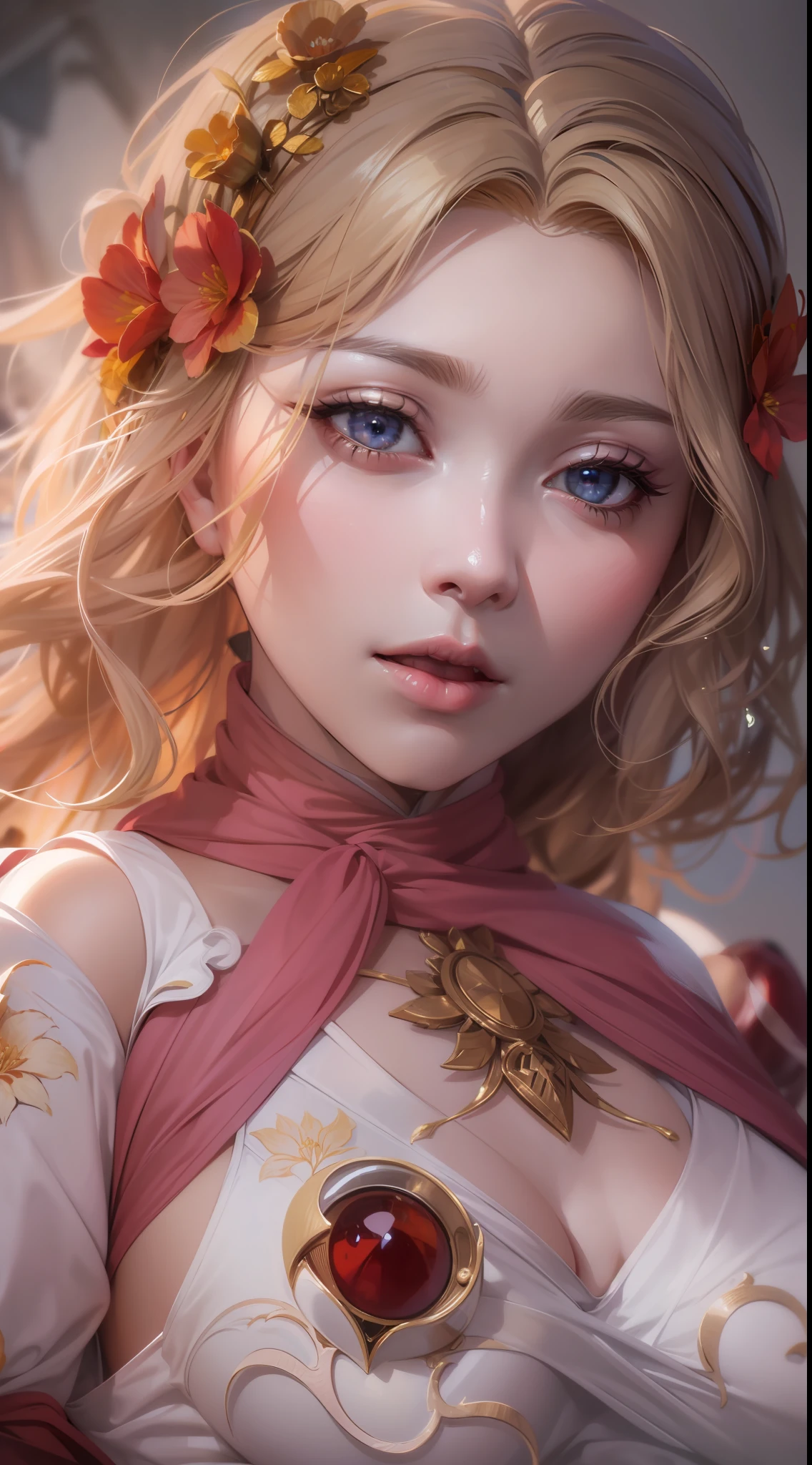 Highly detailed RAW color photographs,bautiful young woman,with short golden hair,dynamicposes,(Wide buttock),(Detailed skins),(Detailed lips),(Detailed eyes),(kosmos:1.4),(burial site:1.1),(Science fiction setting)(详细的脸),(curves),Red clothes,Detailed eyes,color difference,depth of fields,Gentle lighting,tmasterpiece,best qualtiy,复杂,(Lens reflections:0.7),(blossom flower:0.7),Particle effect,Ray traching,Tone-mapping, highly detailed,concept-art,Smoothness,Clear focus,dramatic lighting,highly detailed art,cinematic ligh,Surreal painting,ArtStation Trends,8K,amazing shadows,realisticlying,(highly detailed back ground:1.2),Middle Art,Amazing fantasy,scientific fiction,Face the camera head-on,((From the front side))。