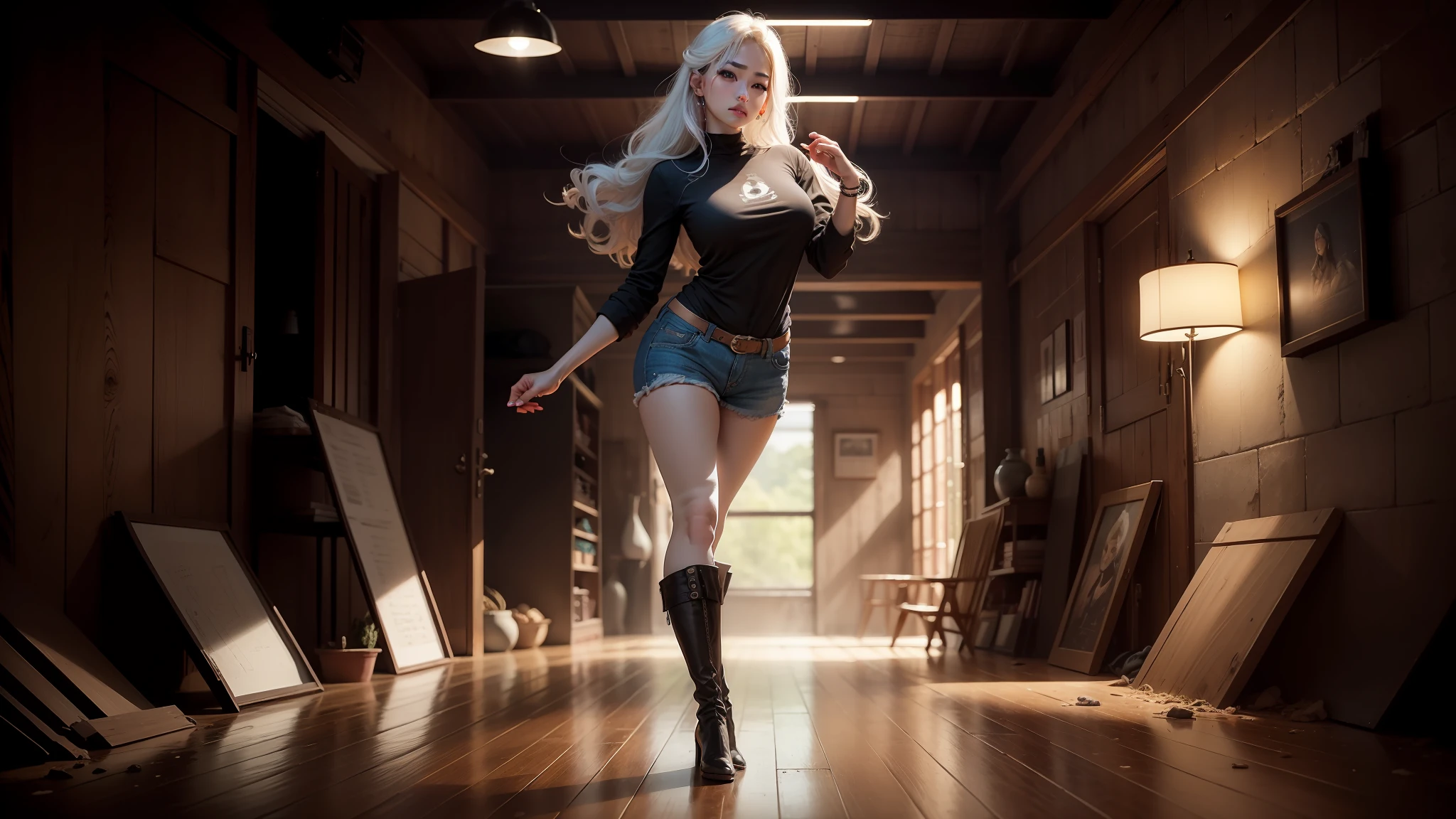 Asiatic woman, jovem, Bonito, low water, middlebreasts, cintura estreita, coxas finas, cabelos negros curtos, franja, usando blusa curta branca, saia jeans curta, minissaia jeans, saia curta azul desbotada. skintight, White leather boots up to the knees, Botas de salto alto, fundo escuro, parede de tijolos aparentes, rustic furniture, soft-lighting