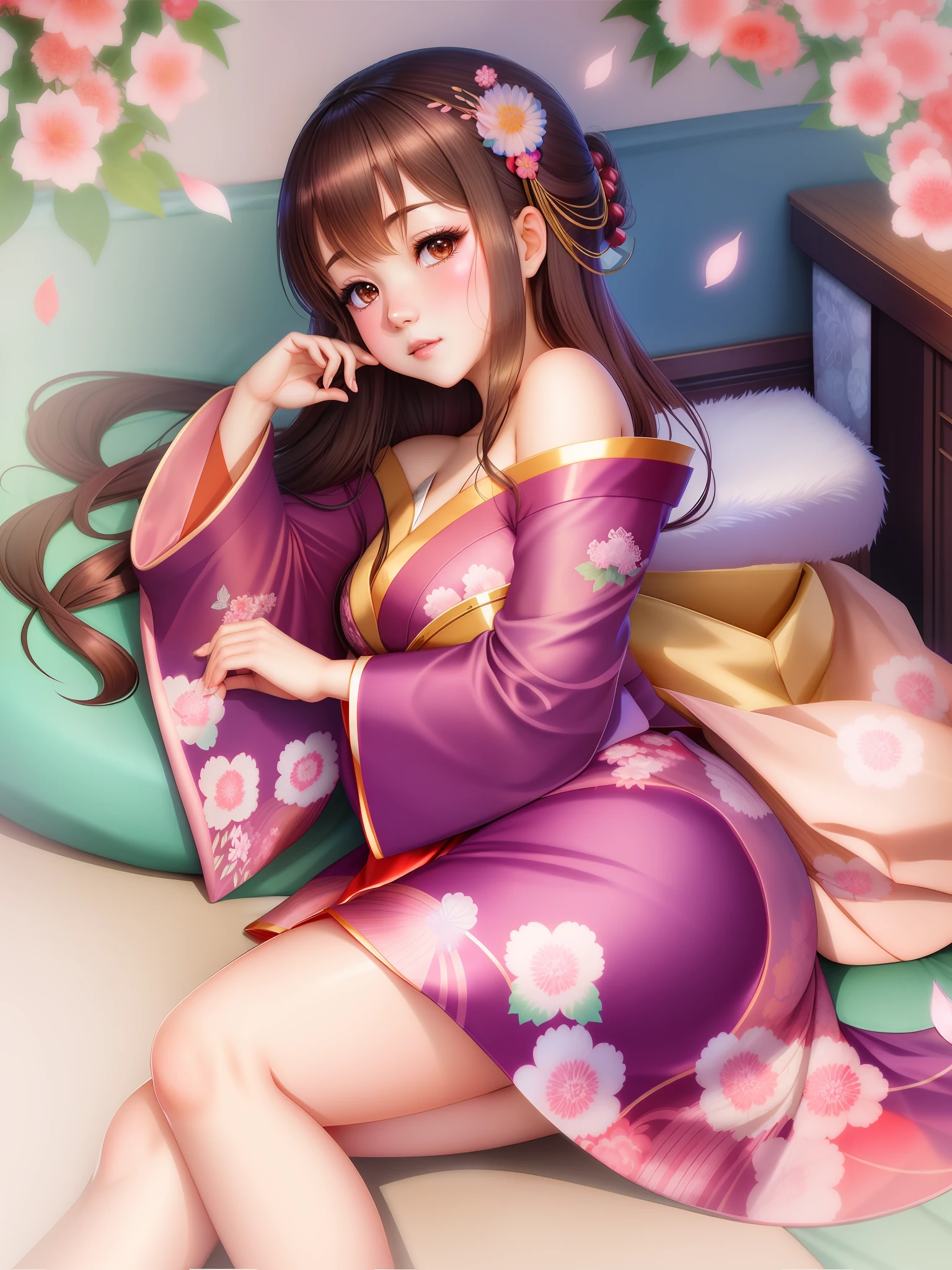 Anime girl in kimono clothes sitting on bed, in a kimono, in a kimono, Cute anime waifu in a nice dress, Very detailed ArtGerm, Seductive Anime Girl, ! Dream ArtGerm, anime moe art style, wearing a simple robe, beautiful alluring anime woman, hanayamata, wearing royal kimono