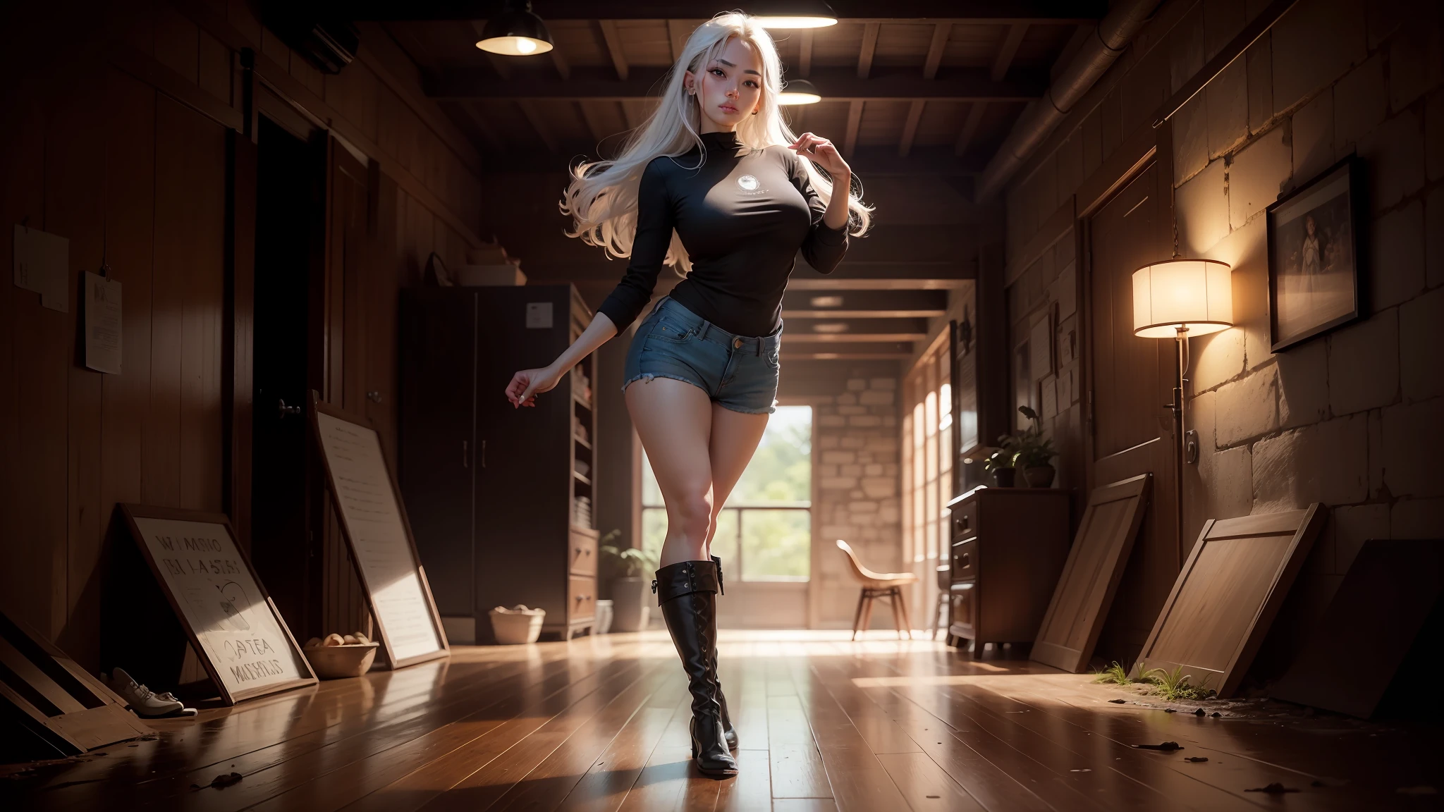 Asiatic woman, jovem, Bonito, low water, middlebreasts, cintura estreita, coxas finas, cabelos negros curtos, franja, usando blusa curta branca, saia jeans curta, minissaia jeans, saia curta azul desbotada. skintight, White leather boots up to the knees, Botas de salto alto, fundo escuro, parede de tijolos aparentes, rustic furniture, soft-lighting