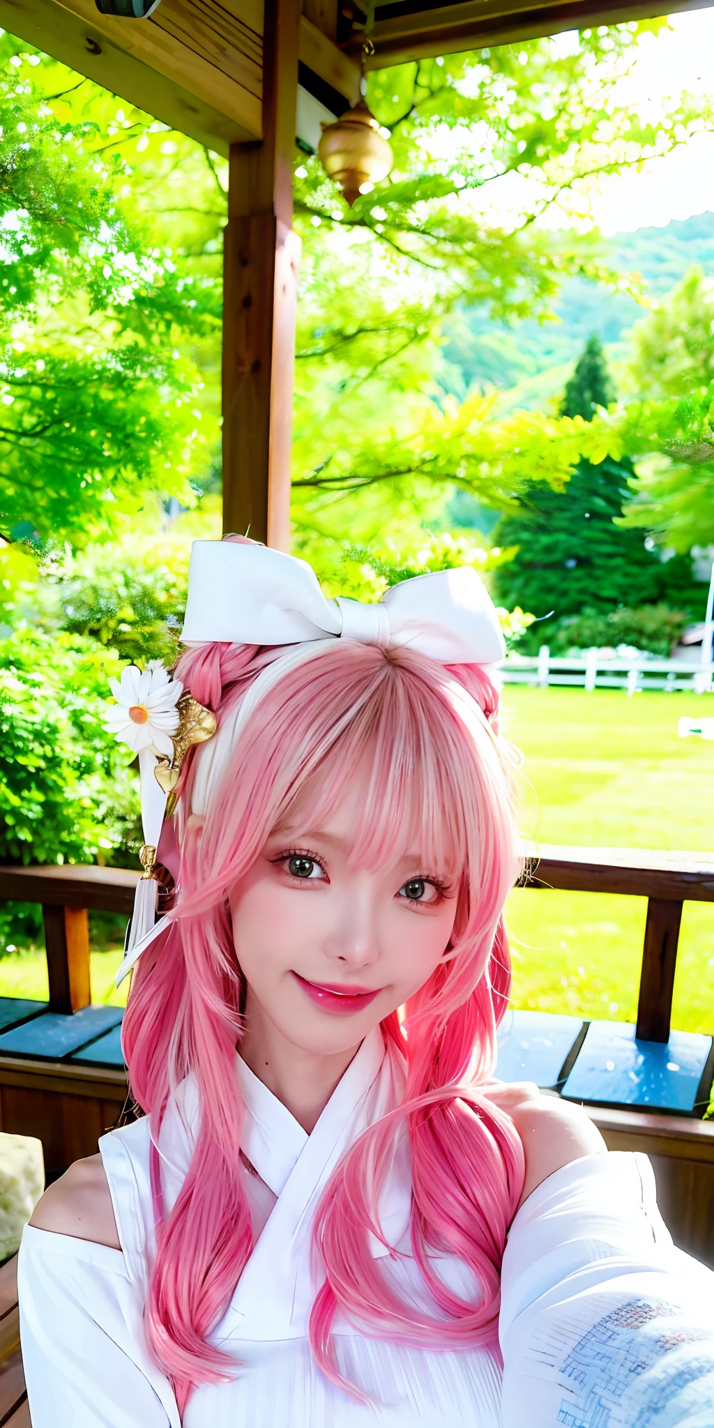 (8k, 4k, best quality, highres:1.2), (maasterpiece, realistic, photo realistic:1.37), 1girl, solo, beautiful face, eyelashes, nose, glossy lips, (detailed eyes, looking at viewer, fair skin, white skin:1.5), fine complexion, upper body,
large breasts, busty,,,
outdoor onsen,
two side up, absurdly long hair, blonde hair, pink hair, bangs, hair ornament, bow,
younger, aged down,