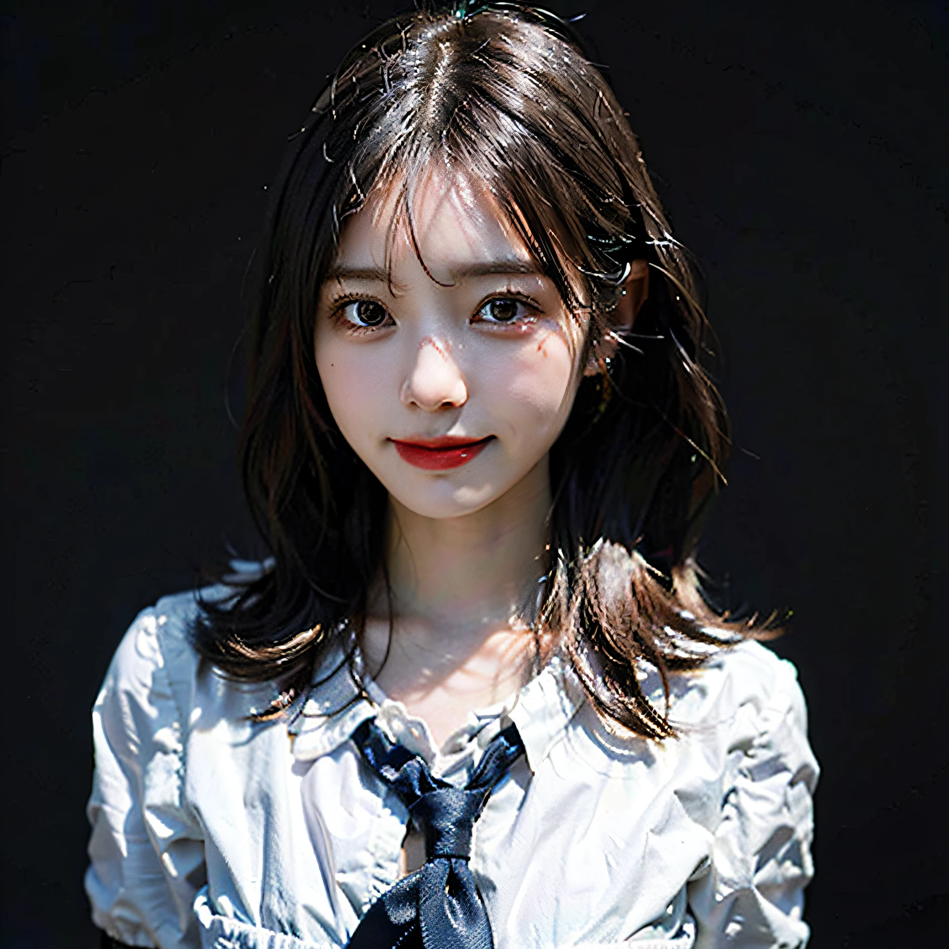 1girl, Beautiful retro colors, instagram(realisitic, hight resolution: 1.4), (Puffy eyes)), see the beholder, see the whole body(8k, RAW Photography, Top image quality, masterpiece: 1.2), (realisitic, photorealistic photos: 1.37), (foco nítido: 1.2), profetional lighting, photon maping, Radio City, physically-based renderingt, (pale-skinned: 1.2), Look at viewers, (middle hair: 1.5), Portrait orientation, a purple eye, (A dark-haired:1.1), bangss, (simple background:1.4), 独奏, The upper part of the body, realisitic, (masterpiece: 1.4), (Top image quality: 1.4), (brightened), Mage Sister, a smile (paler, silently, full of shyness: 1.3), (is standing, High School Girl Uniform, A Necromancer: 1.1), Medium bust, sexy pose,