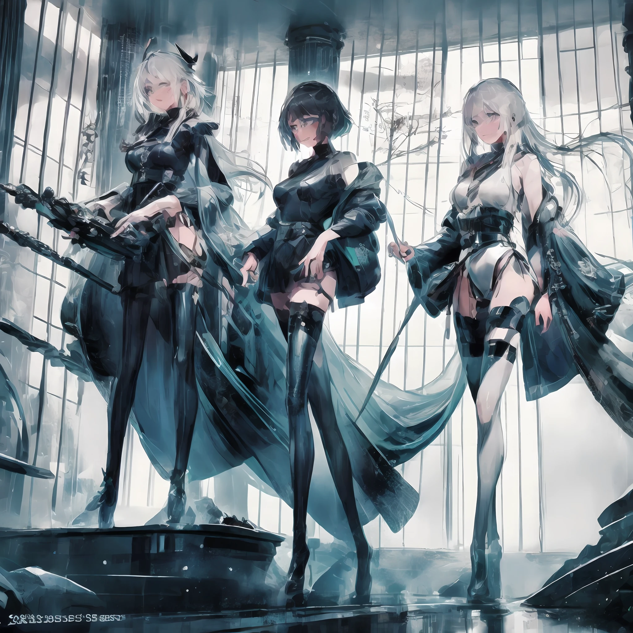 White hair blue eyes anime girl in black costume,onmyoji style,Beautifully meticulous,The details stand out。The zodiac girl in the portrait is a knight,Kushat Krenz key moment art presentation。The white-haired god Ash who appeared in the Onmyoji and the Nakari Ayaka Genshin of Genshin Impact, attacked together,The picture has a sense of impact。high-heels