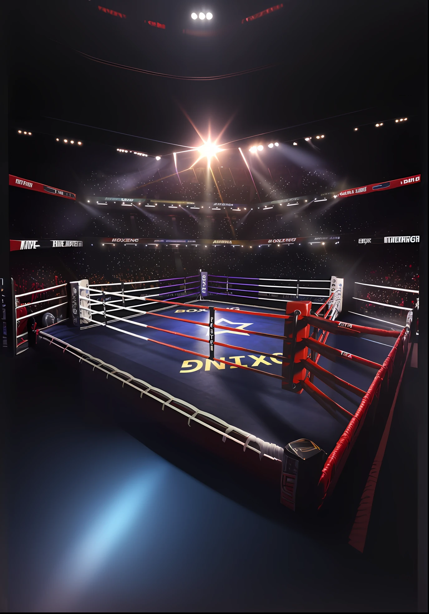 Boxing ring, wrestling ring, The ring is horizontal, boxing match, in the middle of an arena, depicted as a 3 d render, arena background,Dimmly lit boxing ring,There are red and blue ropes and ropes on it, Boxing ring, wrestling ring, in a boxing ring,