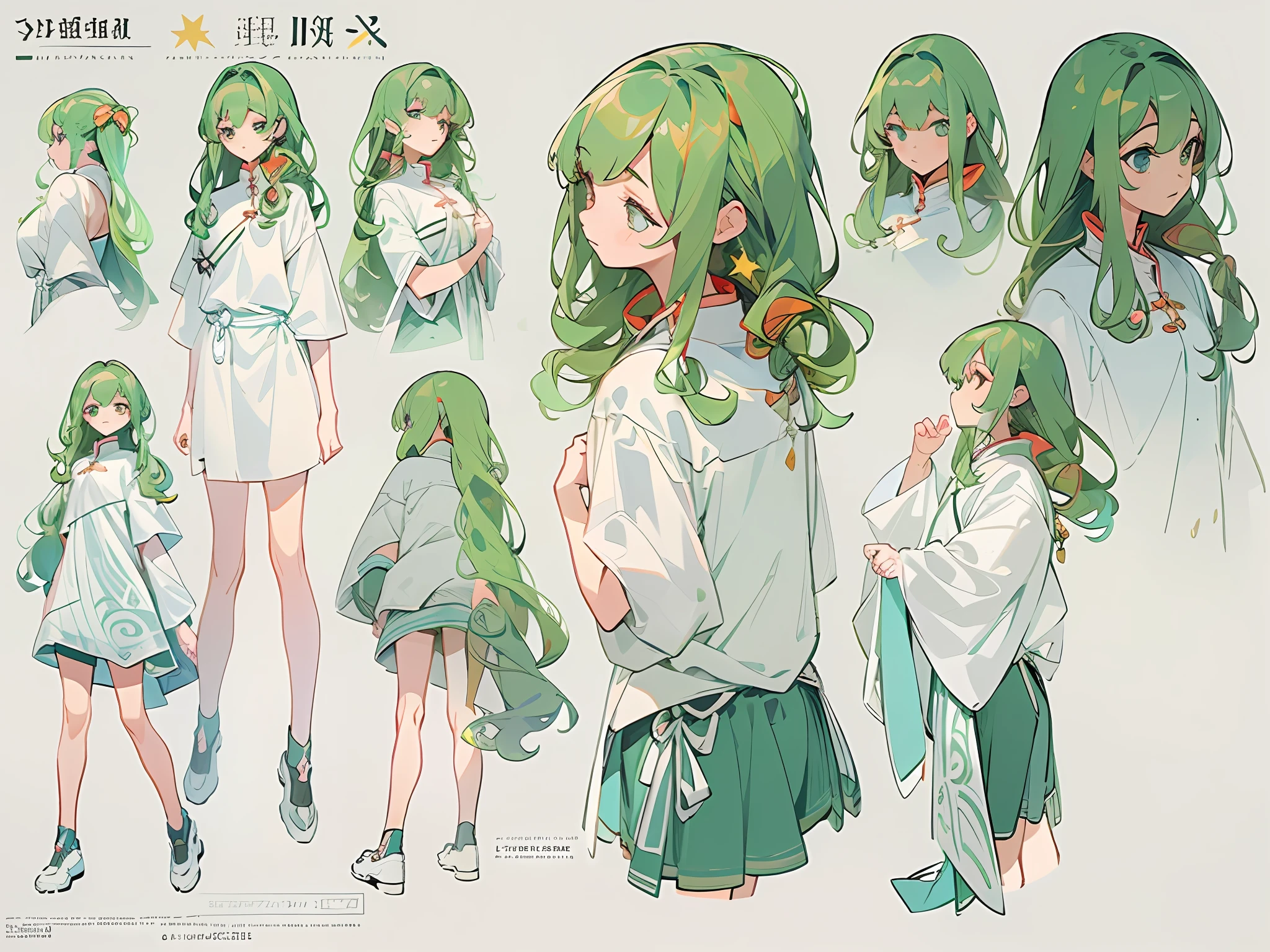 ((masterpiece)),(((best quality))),(character design sheet, same character, front, side, back), illustration, 1 girl, hair color, bangs, hairstyle fax, eyes, environment change scene, Hairstyle Fax, Pose Zitai, Female, Shirt Shangyi, Star, Charturnbetalora, (simple background, white background: 1.3), --6