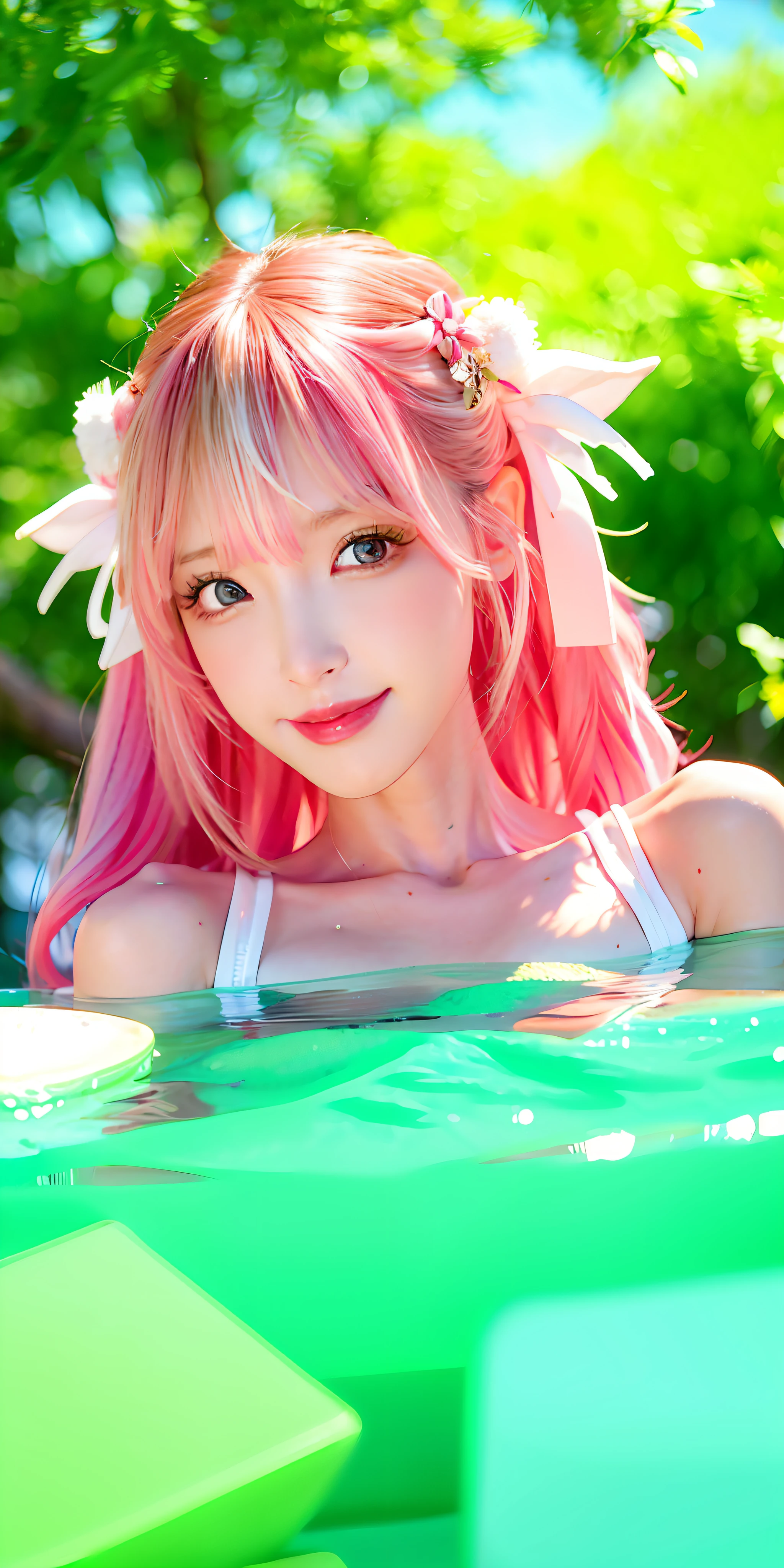 (8k, 4k, best quality, highres:1.2), (maasterpiece, realistic, photo realistic:1.37), 1girl, solo, beautiful face, eyelashes, nose, glossy lips, (detailed eyes, looking at viewer, fair skin, white skin:1.5), fine complexion, upper body,
large breasts, busty,,,
outdoor onsen,
two side up, absurdly long hair, blonde hair, pink hair, bangs, hair ornament, bow,
younger, aged down,