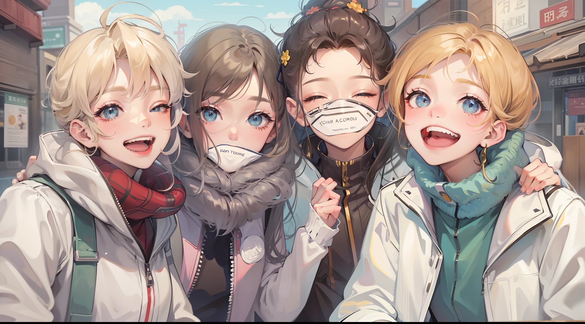 /imagine prompt: As the new residents get off one by one, the smiles on the faces of the surrounding residents freeze. The corners of their mouths are upturned, but their eyes reveal a peaceful smile. by Manhua --niji 5