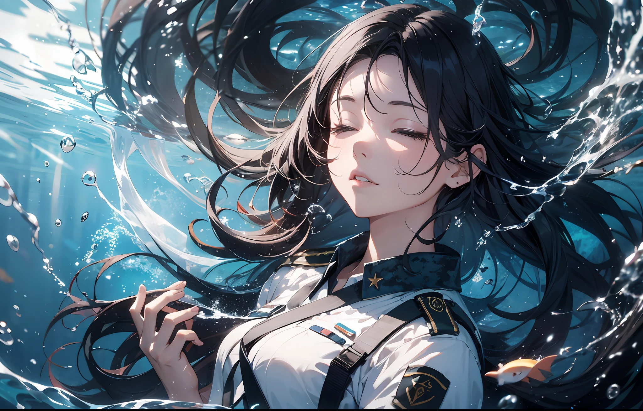 One has long black hair，Girl in military uniform lying at the bottom of the blue sea，Beautiful CG，Pay attention to detail，8K，light and shadow effect，电影灯光，，（blue tint），closing her eyes，fall，Water all around，（（ocean floor））Fall