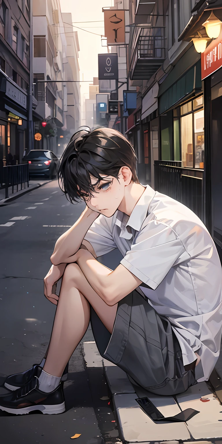 tmasterpiece,high high quality,Best quality at best,k hd,详细的脸,Detailed body,1 man,with short black hair,whitet-shirt,(Saddened expression:1.5),(The face is sad:1.5),(Leaning sideways against a lamppost:1.5),Under street lights,(sat on the ground:1.2),Looks engaged,Off the street,The weather is gloomy,(and it was raining lightly:1.2),(Torn clothes:1.4),(Shabby clothes 1.2)