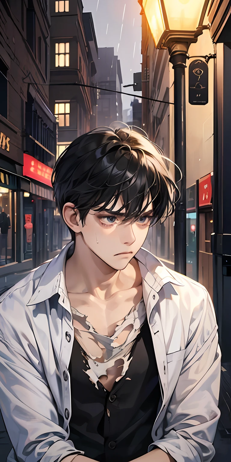 tmasterpiece，high high quality，Best quality at best，k hd，详细的脸，Detailed body，1 man，with short black hair，whitet-shirt，(Saddened expression:1.5)，(The face is sad:1.5)，（Leaning sideways against a lamppost：1.5），Under street lights，（sat on the ground：1.2），Looks engaged，Off the street，The weather is gloomy，（and it was raining lightly：1.2），（Torn clothes：1.4），（Shabby clothes 1.2）
