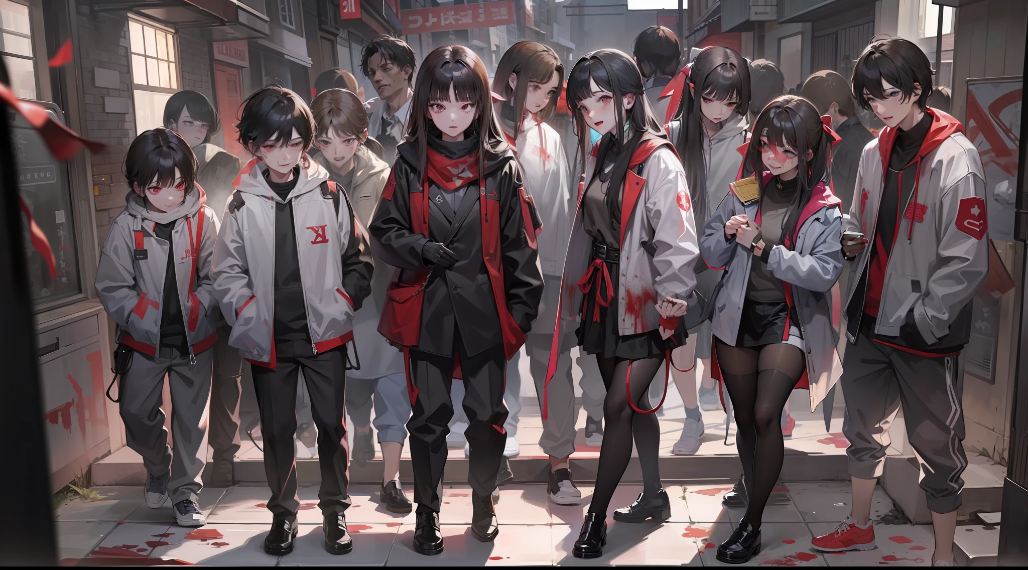 /imagine prompt: Smiling Residential Area turned into an sss-level horror scene, big shots bloodily slaughtering a group of abnormal NPCs, by Manhua --niji 5