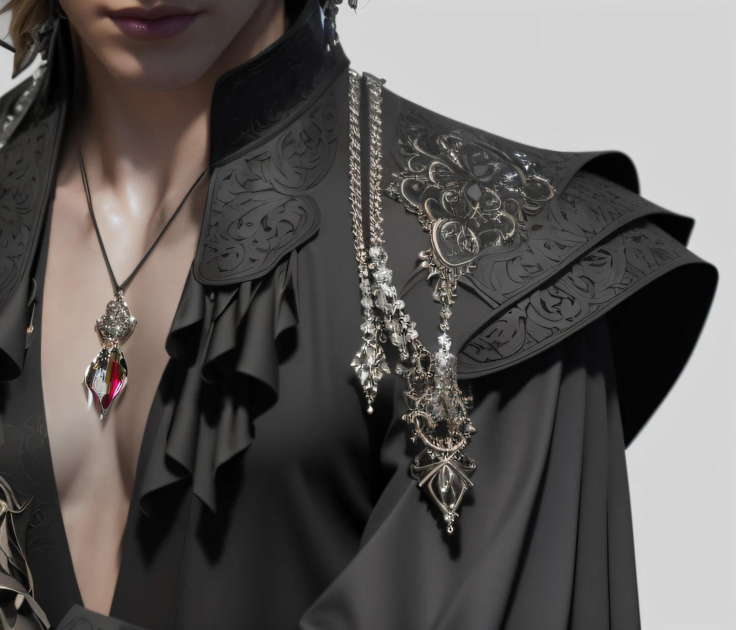Wearing a black shirt, black lantern sleeves, and silver gloves, bloom, ((cold light)), sharp focus, photo realistic, detailed skin, background out of focus, cinematic composition , ultra-detailed, realistic , hyper-realistic , volumetric lighting, 8k, trending on artstation