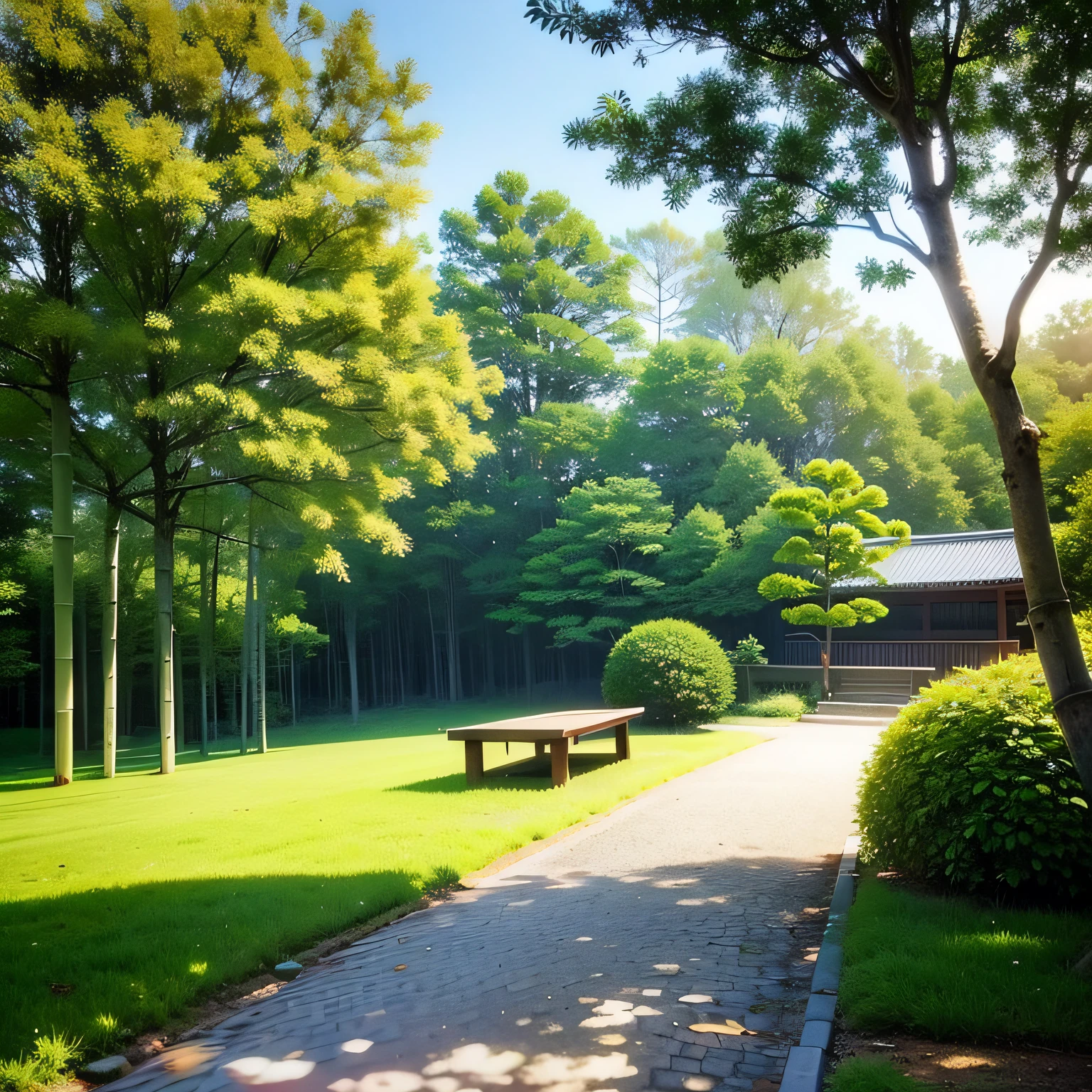 landscape:16K,,parks,bamboo forrest,Stone bench,Chinese chess,Sunshine and Shun,A gentle breeze caresses。