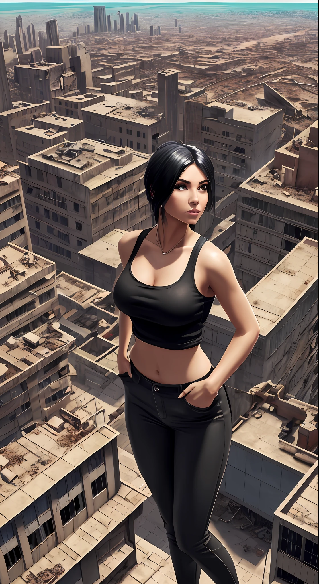 there is a woman in a white top and black pants posing for a picture, highly detailed giantess shot, urban fantasy style, in a post apocalyptic city, stylized urban fantasy artwork, extremely detailed giantess shot, giantess, giantess shot, in a post apocalyptic setting, urban fantasy romance book cover, standing on rooftop, post apocalyptic view