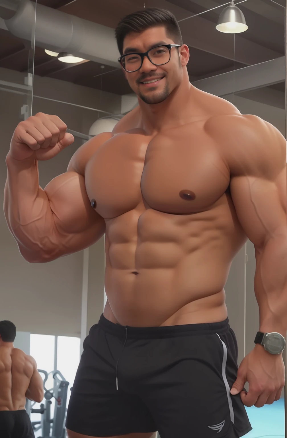 4K, Masterpiece, high resolution:1.2, 1 man, Solo, 35yo,man, White skin, really tall, With black-framed glasses, Muscular!!!, bulk, big physique (beast), Shirtless, Hairy body, crew cut hair, Facial hair, chest, Big abs, large waists, broad shoulder, Biceps, Thighs, triceps, butt, Black hair, Detailed face, Bright and cute smile, friendly, Pose by the sea, Wearing gym shorts, Wearing glasses, Sweaty body, Ultra detailed, Bend the left biceps, Crush muscles
