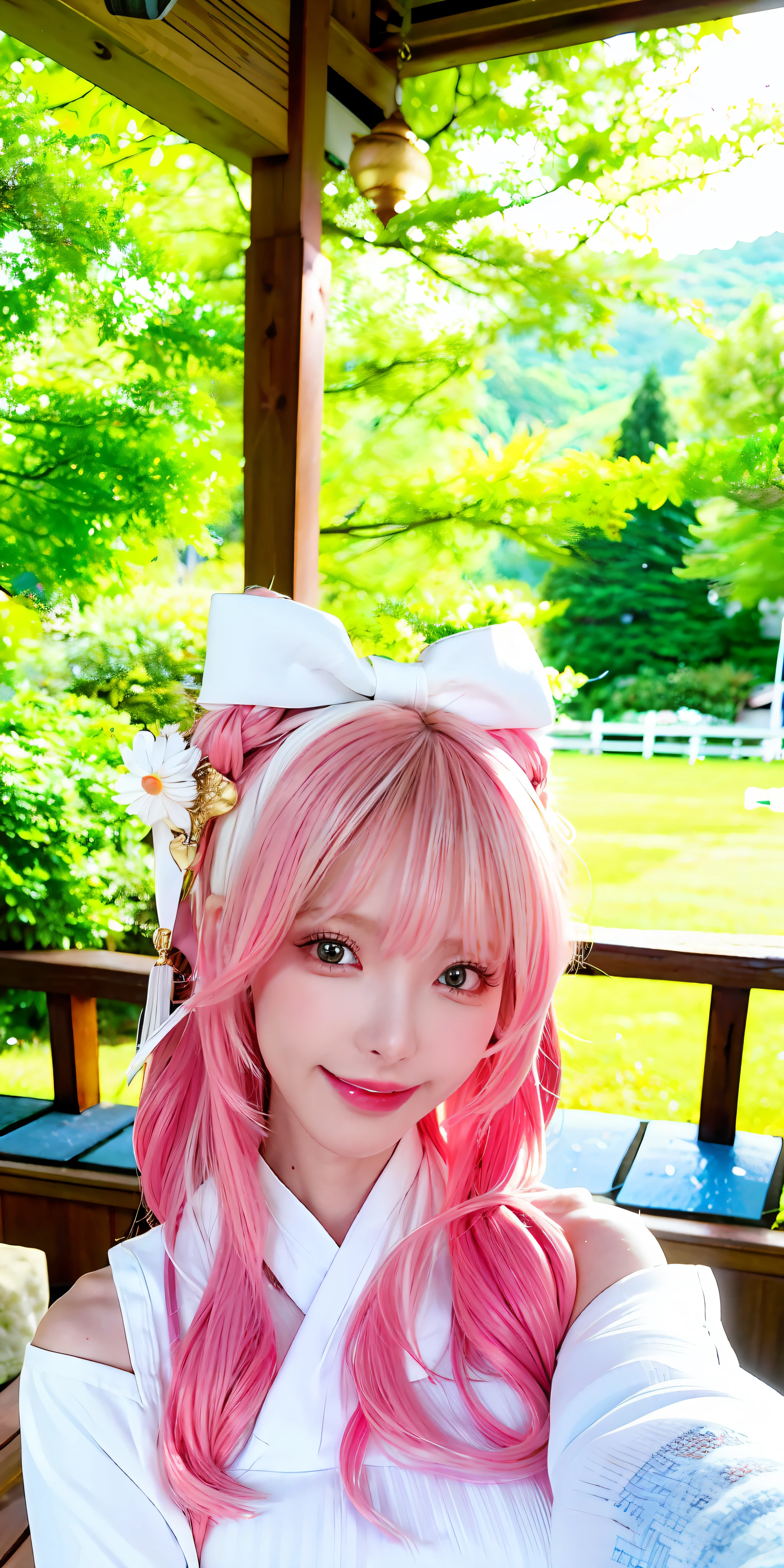 (8k, 4k, best quality, highres:1.2), (maasterpiece, realistic, photo realistic:1.37), 1girl, solo, beautiful face, eyelashes, nose, glossy lips, (detailed eyes, looking at viewer, fair skin, white skin:1.5), fine complexion, upper body,
large breasts, busty,,,
outdoor onsen,
two side up, absurdly long hair, blonde hair, pink hair, bangs, hair ornament, bow,
younger, aged down,