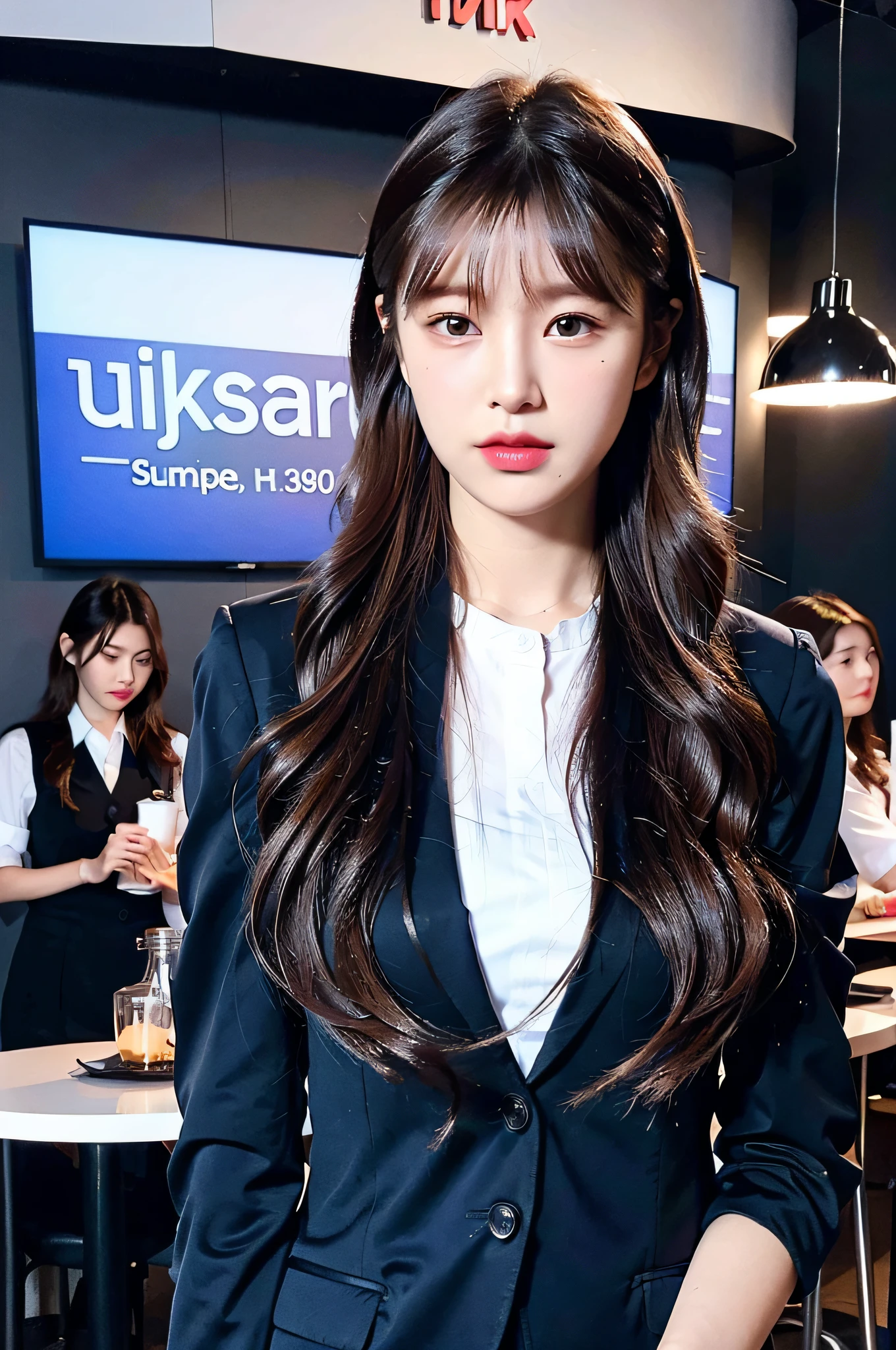 Mature mature youth, super cute, nice perfect face with soft skin, gorgeous wavy long brown hair, immature woman in trendy dark blue suit on 8K resolution, super realistic, super detailed, high quality, erotic and beautiful runway, Nogizaka idol, gravure idol, Korean idol, café clerk: 1.3, family restaurant clerk uniform: 1.3, actress