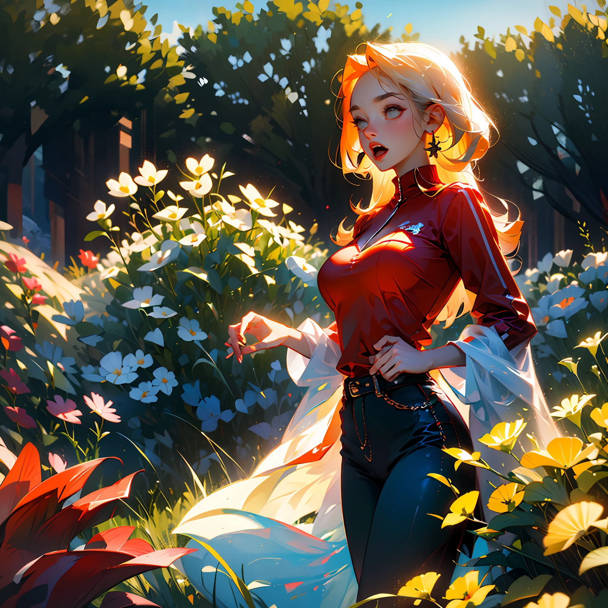 masterpiece, best quality, high resolution, 1girl, solo, orange eyes, long hair, orange hair, big breasts, red shirt, blue pants, garden , open mouth, shame, people looking --auto