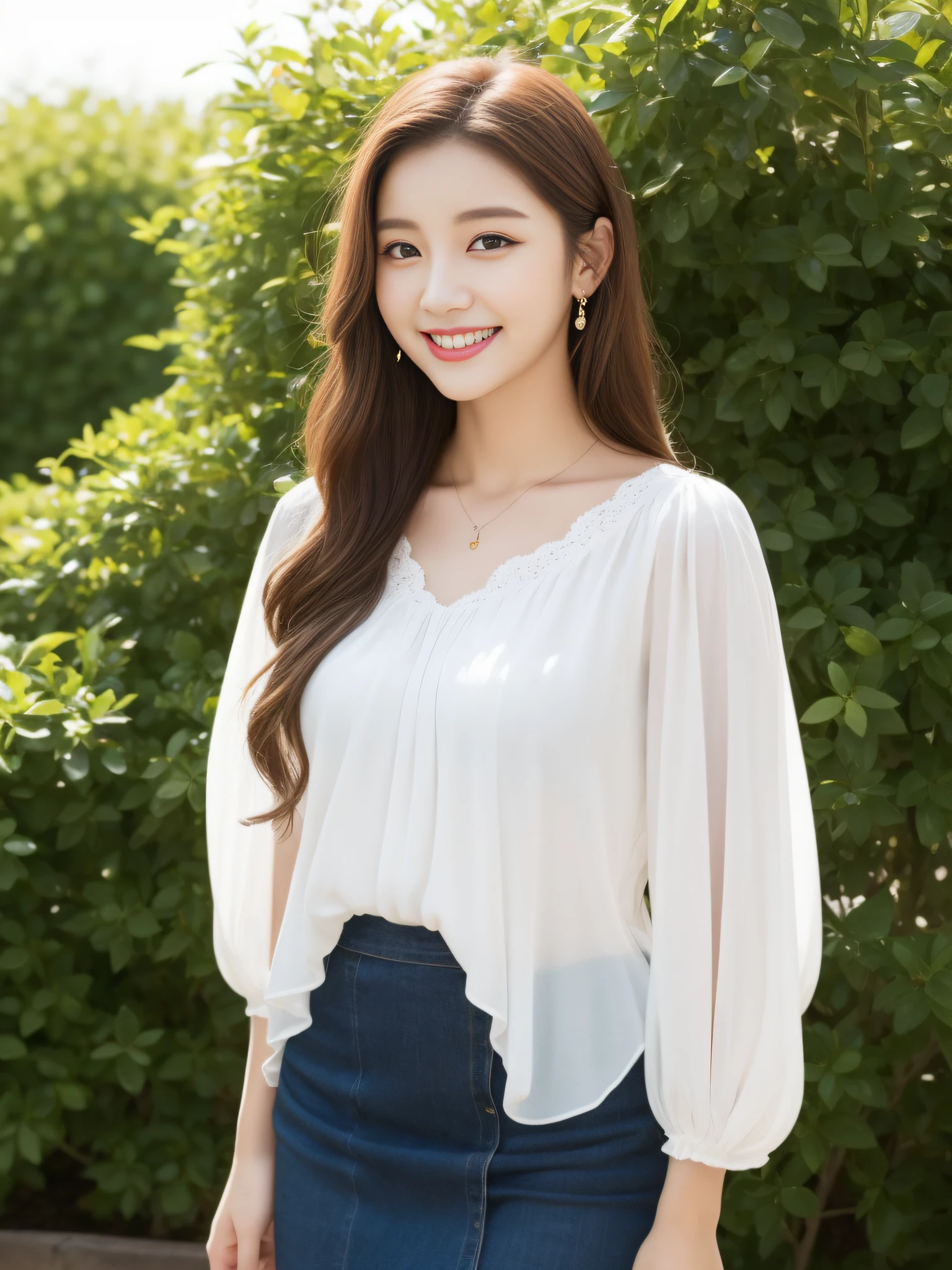 Whole human body、high picture quality、highly quality、ultra realisitic、Wearing a white skirt and white blouse、The chest is bigger、long brown hair、In front of the flower bed、a smile、KPOP beauty、Beautiful eyes、Beautiful face