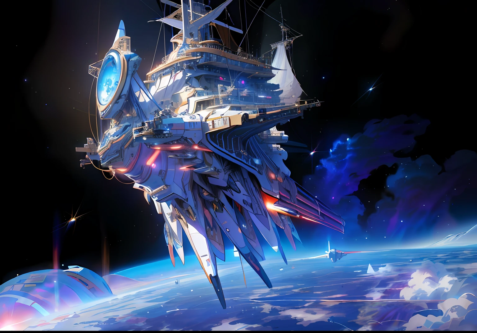 Anime-style artwork of a man on a giant ship in space, Glamorous spaceship painting, Pirate ship in space, Dreambot Mothership, Bone Space Library Artwork, Kingdom Hearts World, Alien spaceship flying in space, spaceships, Miyamoto Abduzeed, Spaceship graffiti, angus mckie, Utopia spacecraft, high detailed official artwork