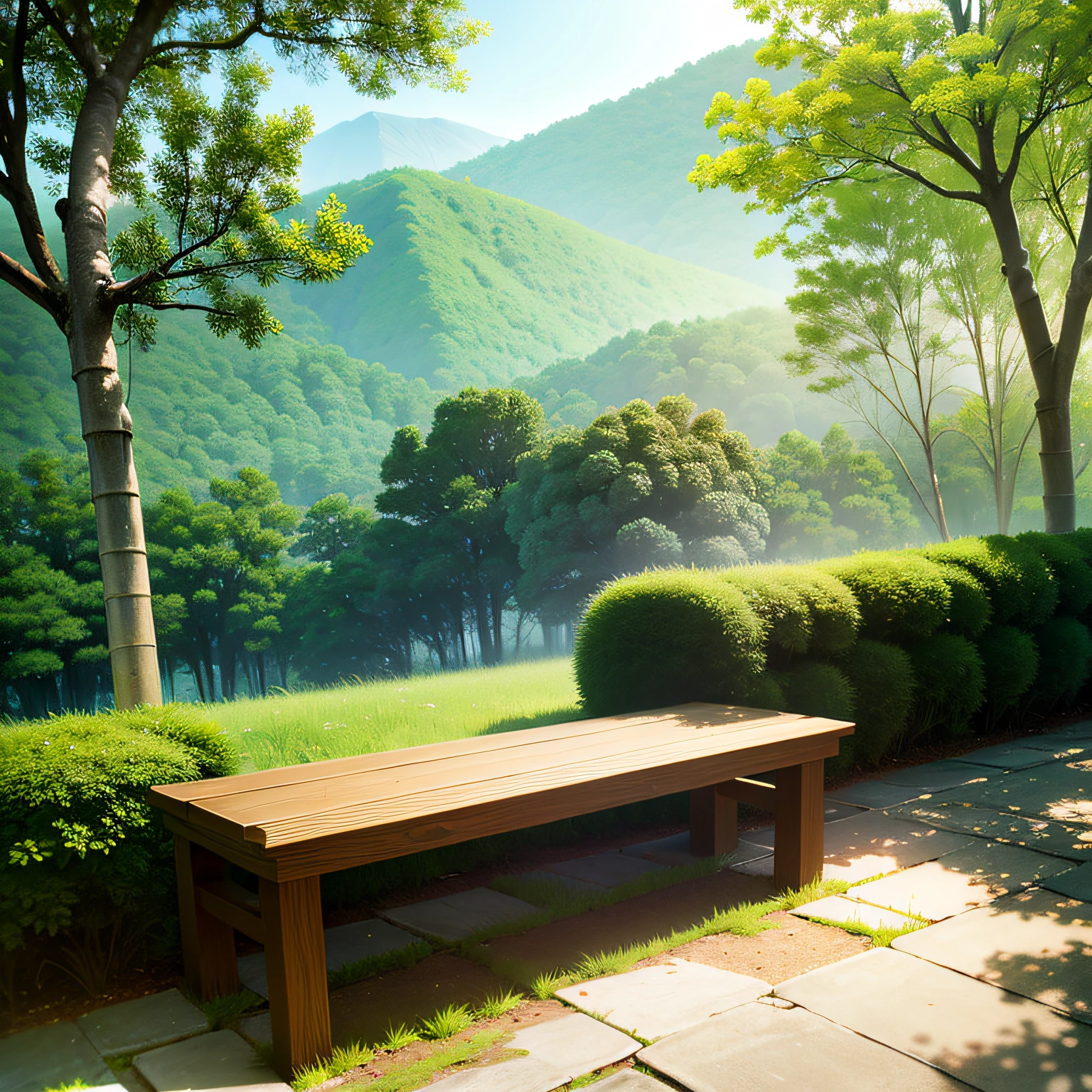 landscape:16K,,parks,bamboo forrest,Stone bench,Chinese chess,Sunshine and Shun,A gentle breeze caresses。