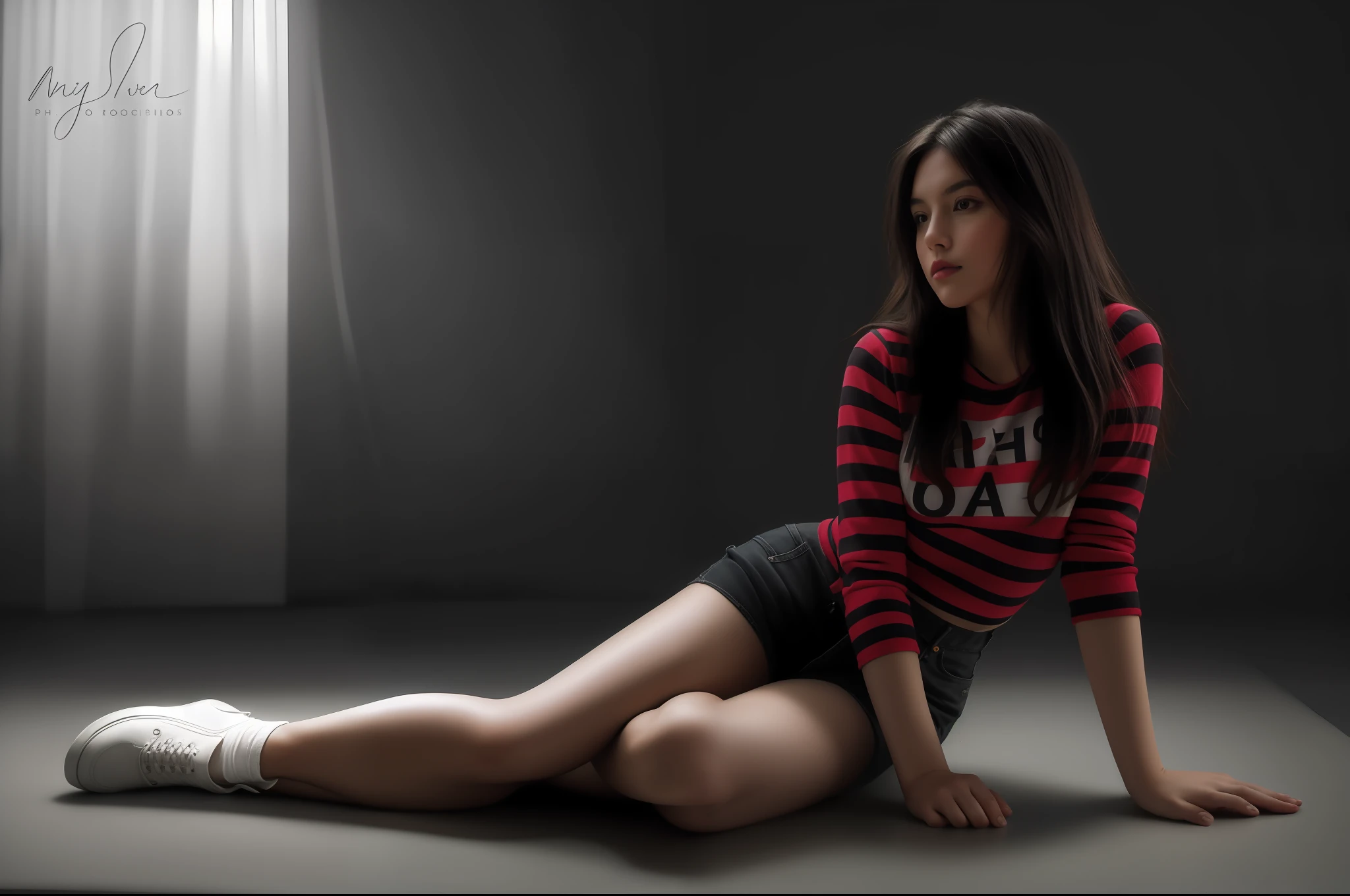 ((sharp edges)) ((RAW photo, analog style)) award winning extremely high detail digital RAW color photo,, a beautiful young woman sitting on the floor with her legs crossed, casual photography, posing in dramatic lighting, modeling photography, casual pose, fashion model photography, attractive pose, glamour pose, 7 0 mm. dramatic lighting, model photography, shot at dark with studio lights, dramatic serious pose, fashion model pose, taken with a canon eos 5d,