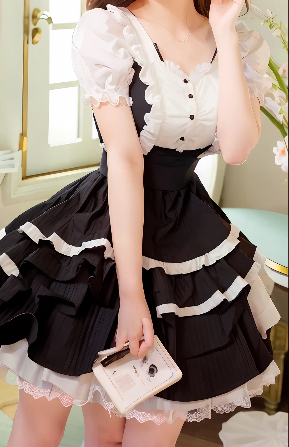 A woman in a black and white dress,cosplay of a catboy,maidennurse,shift dresses,anime girl in a maid costume,loli in dress,Maid outfit,Maid dress,anime cat,Girls dressed in maid costumes,gorgeous maid,lollipop, dressed in a frilly, ((Ragged)),french maid,maid,maid costume,Raised sexy