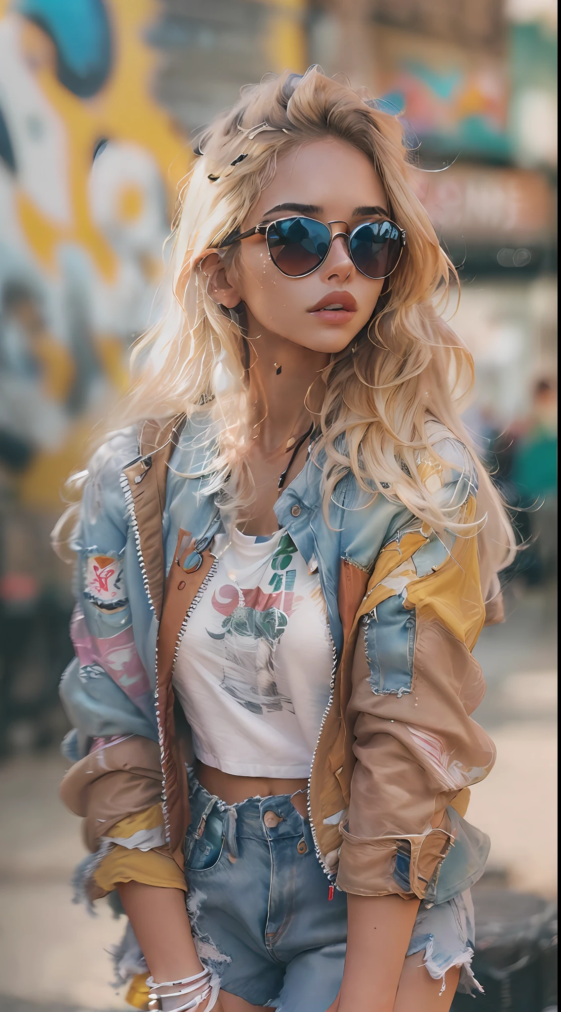 (masterpiece, street snap style:1.3), featuring a fashionable blonde woman in a dynamic urban setting, (casually chic attire:1.2), (loose-fitting denim jacket:1.1), (stylish crop top:1.2), (trendy ripped jeans:1.1), (comfy sneakers:1.2), (minimalistic accessories:1.1), (oversized sunglasses:1.2), (effortlessly confident expression:1.1), (blonde hair catching the breeze:1.2), (urban backdrop with vibrant graffiti:1.1), (colorful murals adding flair:1.2), (gritty cityscape:1.1), (busy streets:1.2), (street vendors and shops in the background:1.1), (capturing the essence of street fashion:1.2), (spontaneous and authentic vibe:1.1), (playful interactions with the environment:1.2), (blending style with the urban landscape:1.1), (captivating glimpse into contemporary street culture:1.2), (showcasing the beauty of street snap photography:1.1), (celebrating the woman's individuality and confidence:1.2), (a snapshot of urban chic in its purest form:1.1).