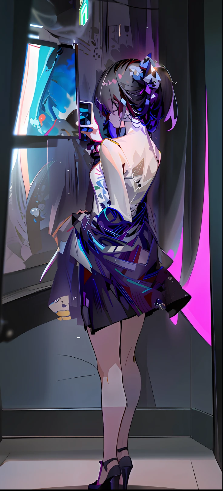 A young girl is shooting an oil painting with her mobile phone，Wearing a fluffy purple dress and a pair of purple high heels，In the old museum, Chinese loli, showing her shoulder from back, 8K，nightcore, Digital art on Pixiv, By Yuumei, Best anime 4k konachan wallpaper, style of anime4 K, advanced digital anime art ”, Digital anime art, Digital anime illustration, anime styled digital art, Attractive pose, photo of slim girl，Turn your back towards the camera，Extreme detail，Keep the state of people and objects unchanged