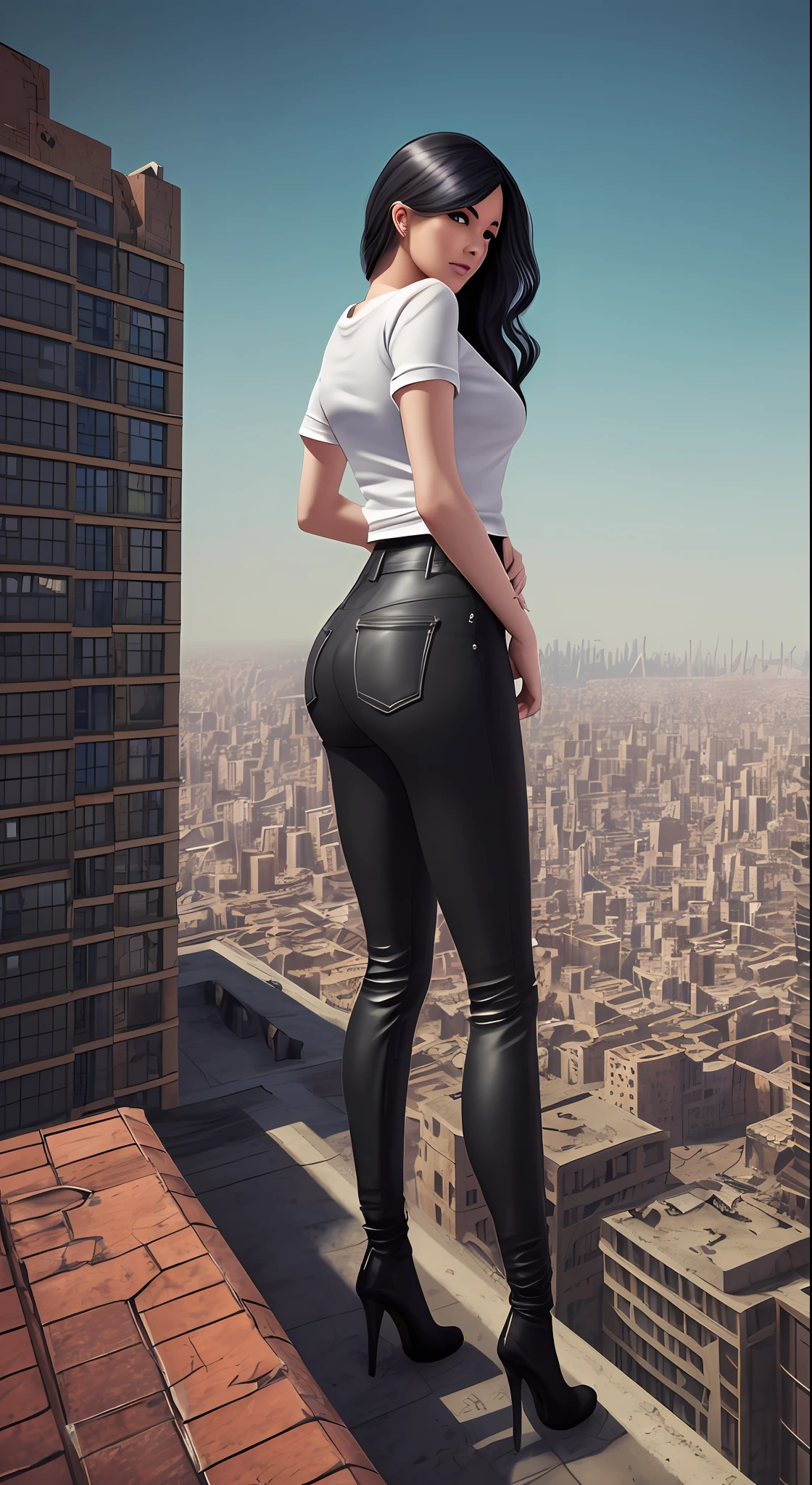 there is a woman in a white top and black pants posing for a picture, highly detailed giantess shot, urban fantasy style, in a post apocalyptic city, stylized urban fantasy artwork, extremely detailed giantess shot, giantess, giantess shot, in a post apocalyptic setting, urban fantasy romance book cover, standing on rooftop, post apocalyptic view