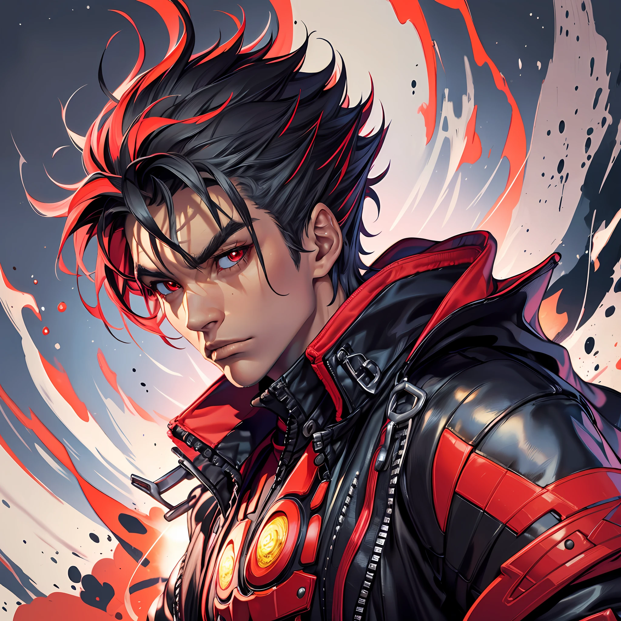 (absurdres, highres, ultra detailed),(Masterpiece, best quality:1.2),1boy,spiky hair,red eyes, intricately detailed, detailed eyes, highest quality digital art, wearing an open jacket, wearing black and red gauntlets,