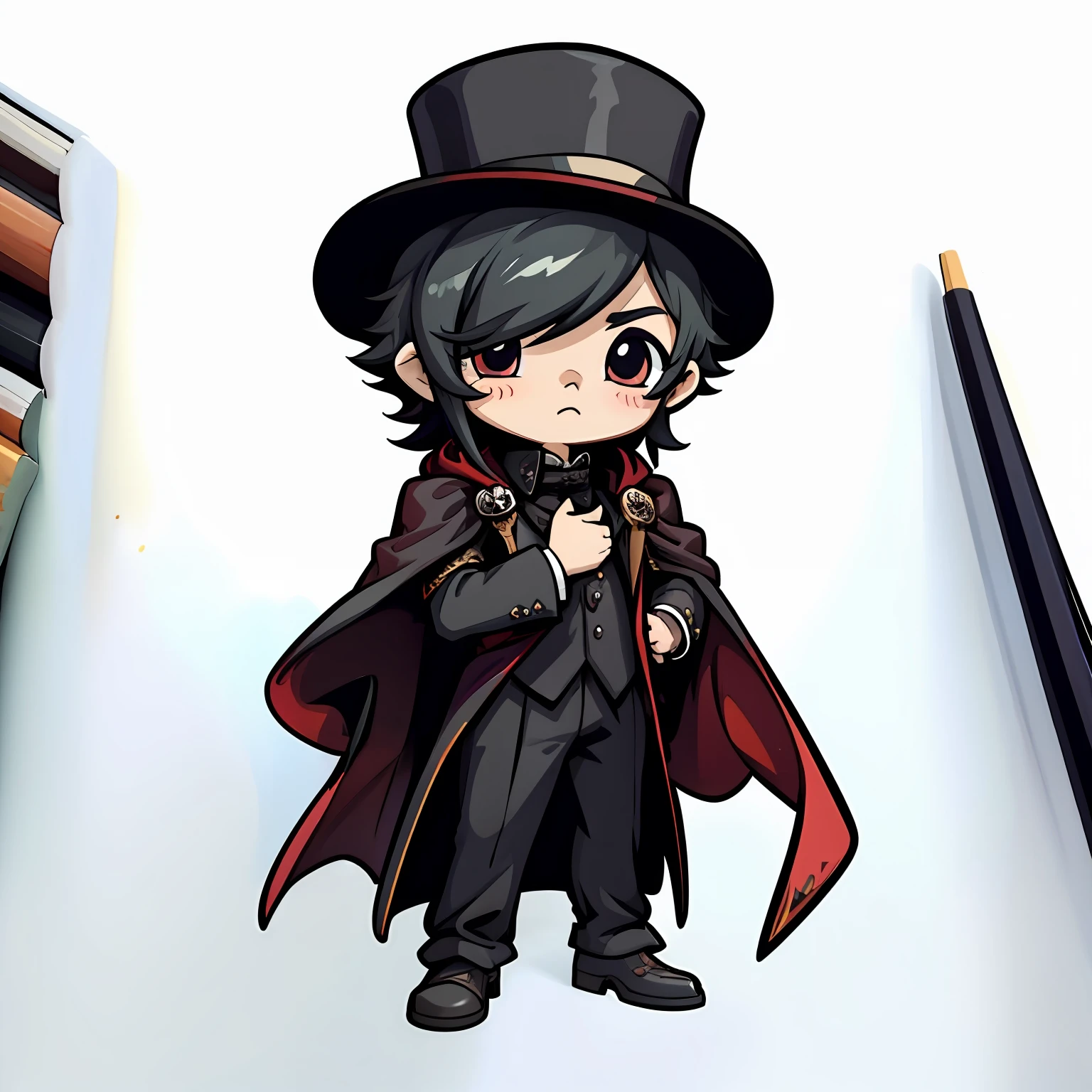 male people、He wears a black tailcoat、Black cloak、Top hat、watercolor paiting、White background、simple background、minimalistic、cute little、A tiny、PastelColors、vector image style、no gradien
