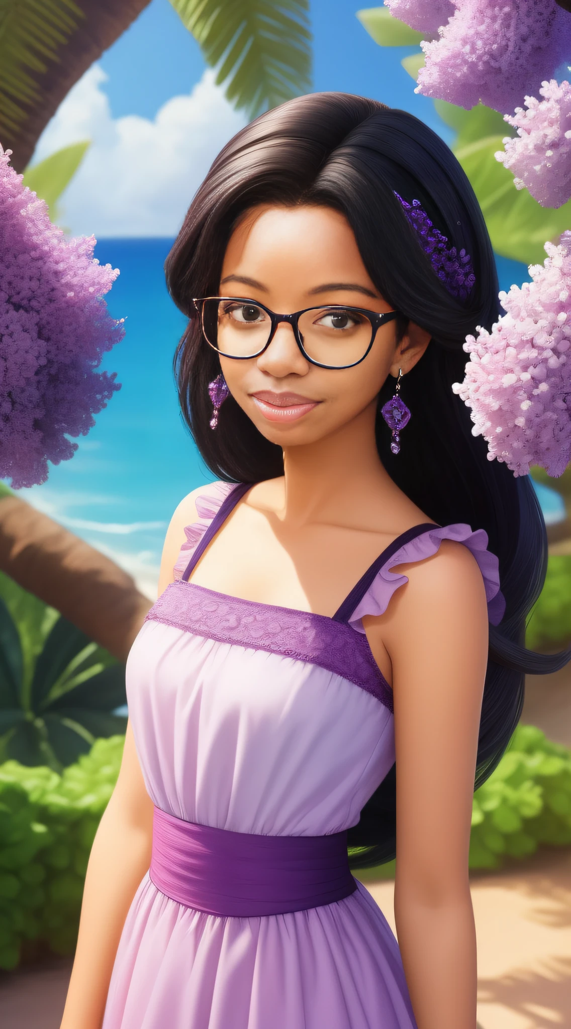 obra-prima, melhor qualidade, cabelo cacheado, negra de 17 anosileira,bespectacled,com vestindo um lindo vestido rosa e lilas, estilo disney pixar.