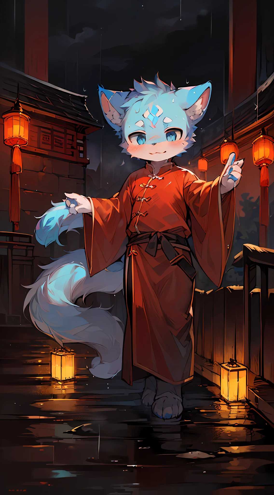 Masterpiece, high quality, absurd resolution, digital painting \ (artwork \), dagasi, yupa, kiyosan, (fluffy fur: 1.1), (brightness: 0.8), anthro male cat. (blue eyes, white fur, gradient blue ears, full body fur, cat nose: 1.2), bright eyes, panorama, character focus. Detailed background, (Chinese style clothes, handsome, sabre: 1.2), (rainy days, bridge: 1.2)
