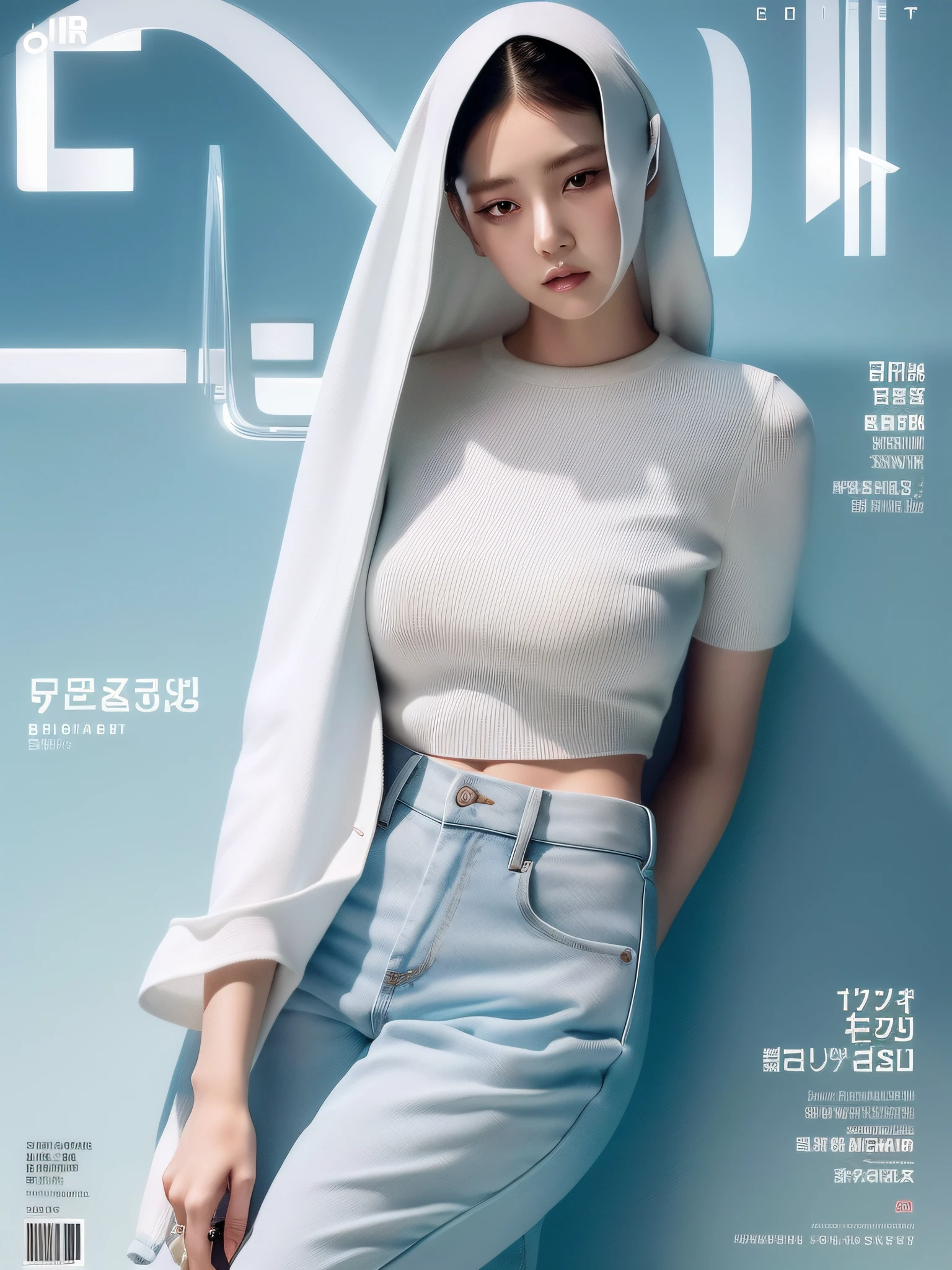 Highest quality, Ultra-high definition, Masterpieces, 8K quality,1girll,Young beautiful girl,White skin,Long legs, Wear short sleeves with an open waist,Denim trousers,Wide-leg pants,Delicate skin, Big eyes, Ultra detailed, offcial art, Unity 8k wallpaper,(FashionMagCover:1.3)