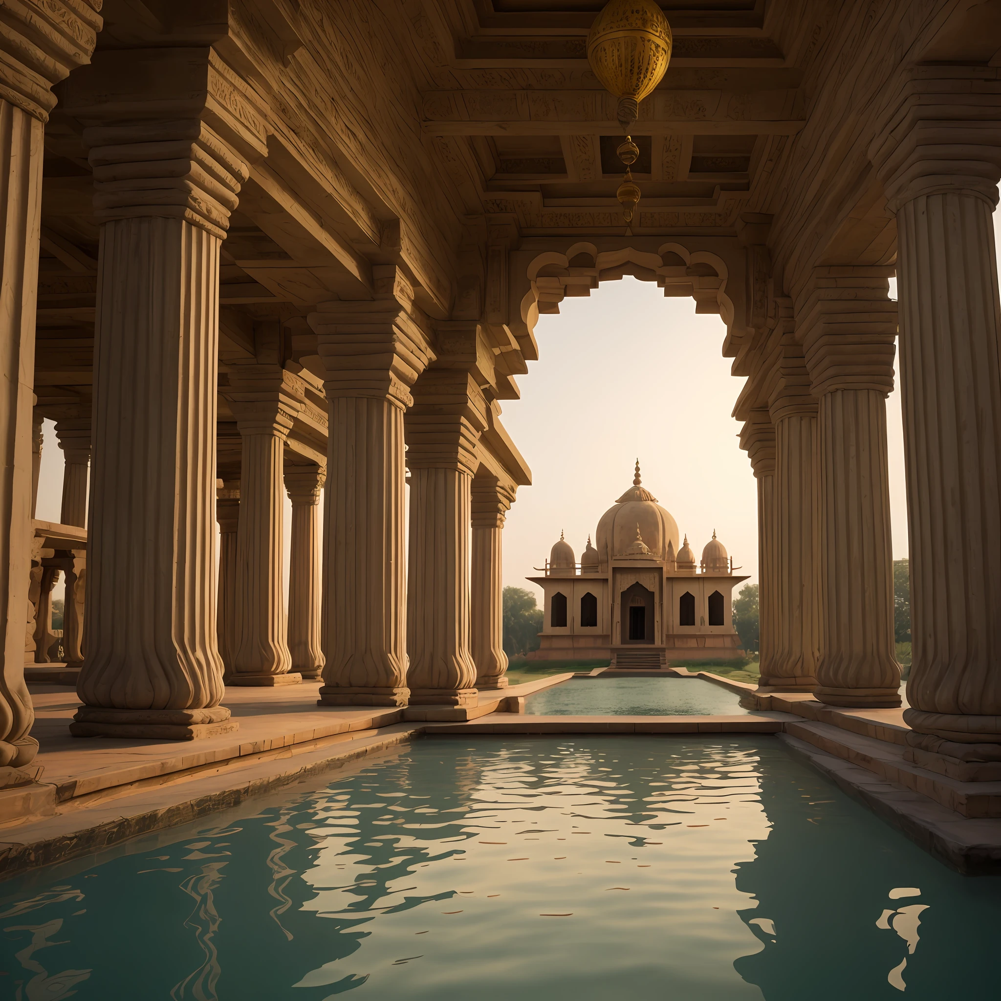 Create a realistic photographic depiction of Vrindavan 2,000 years ago, capturing the spiritual and vibrant atmosphere of this ancient holy city. Visualize the landscape as it would have appeared during that time, with lush forests, serene lakes, and sacred groves. Show devotees engaged in spiritual practices, such as chanting, meditation, or offering prayers. Pay attention to architectural details, depicting ancient temples and structures that stood during that era. Utilize lighting techniques to recreate the soft glow of the sunrise or the golden hues of a sunset, evoking a sense of tranquility and divinity. The final photograph should transport viewers back in time, immersing them in the rich cultural heritage and spiritual significance of Vrindavan 2,000 years ago.
clear facial features, Cinematic, 35mm lens, f/1.8, accent lighting, global illumination --uplight --v 4,