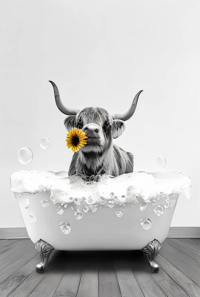 Aalfel in the bathtub,There is a flower inside, milk bath photography, Milk-bath effect, digital art animal photo, Bath, Wonderful, Amazing, Innovative, Bubble bath, cow, bleeding in the bath, Simple, tinas, instagram photo, high-quality photo, Gorgeous, high-quality photo, author:Elaine Hamilton, Extremely quality, Young Lady