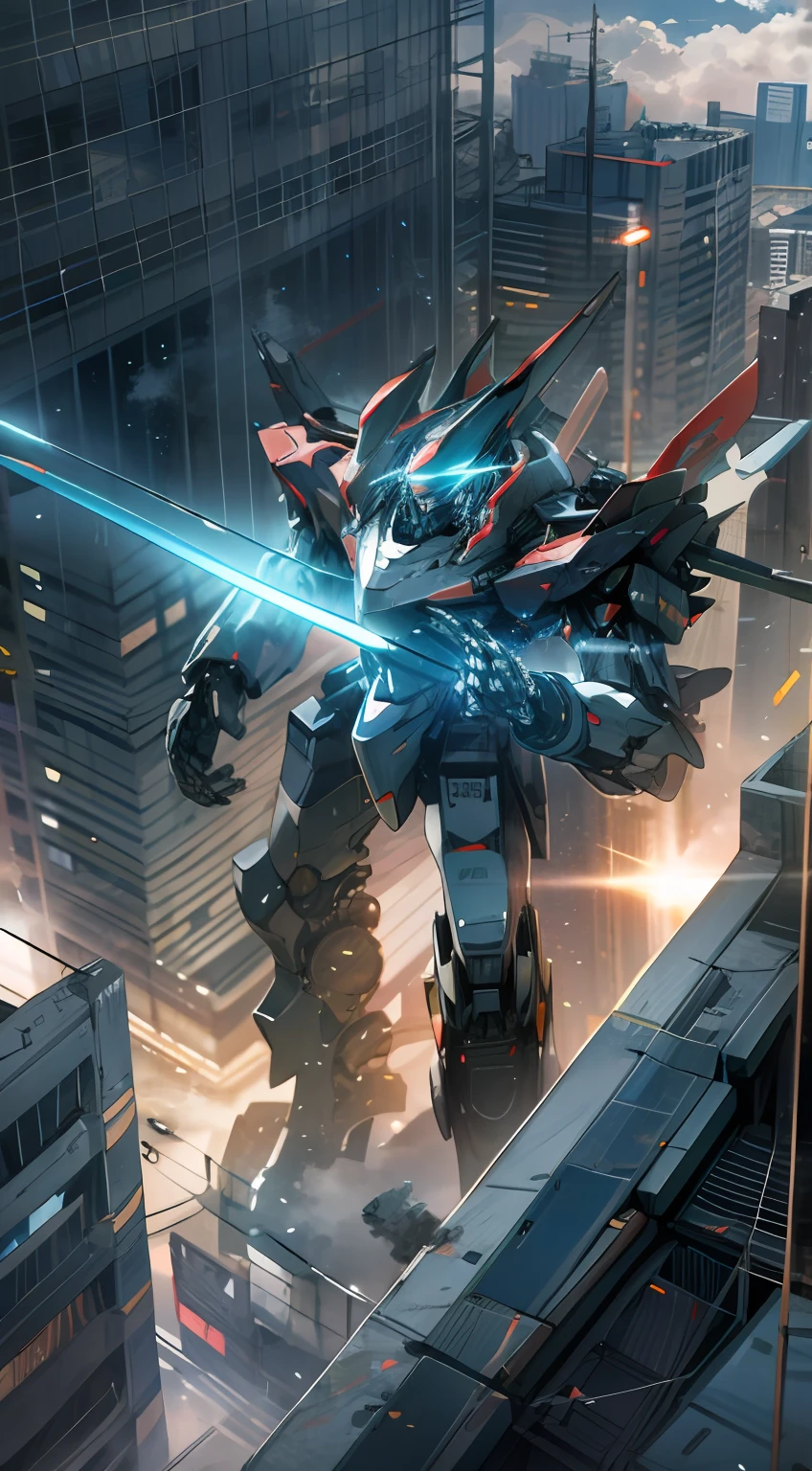 sky, cloud, holding_weapon, no_humans, glowing, , robot, building, glowing_eyes, mecha, science_fiction, city, realistic,mecha