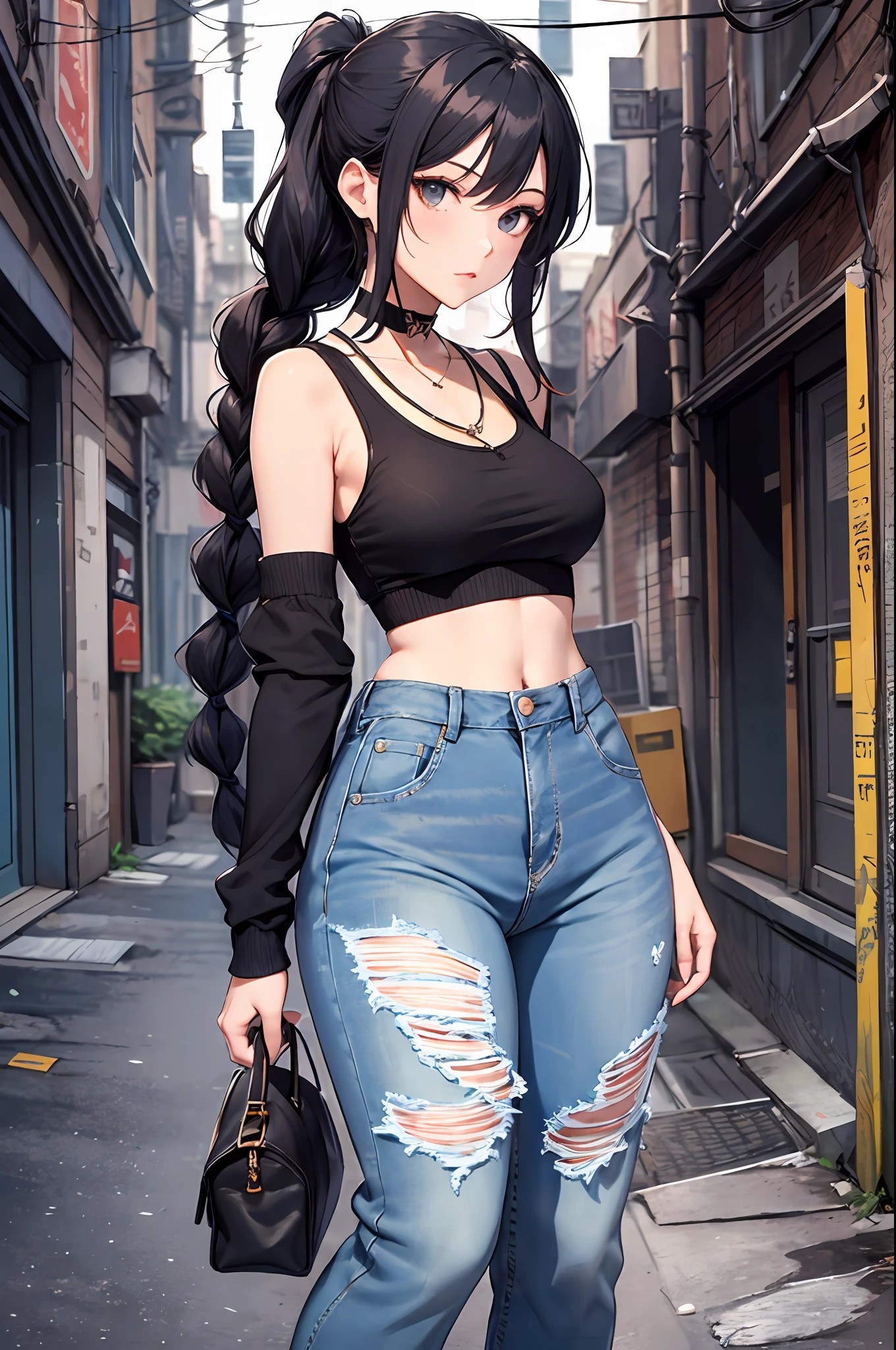 （（（best qualtiy，tmasterpiece））），highly  detailed，复杂，Beautiful cool avant-garde（（1girll）），独奏，，Wear a sleeveless cropped top，Long Braid Hair，choker necklace，baggy jeans，Dystopian city alleys