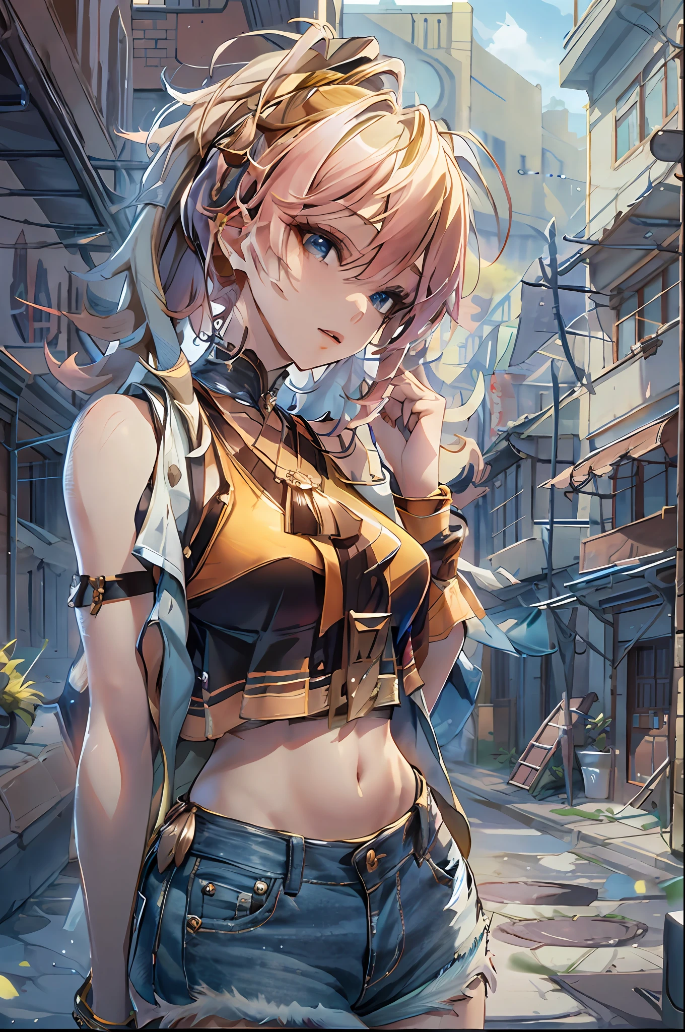 （（（best qualtiy，tmasterpiece））），highly  detailed，复杂，Beautiful cool avant-garde（（1girll）），独奏，，Wear a sleeveless cropped top，Long Braid Hair，choker necklace，baggy jeans，Dystopian city alleys