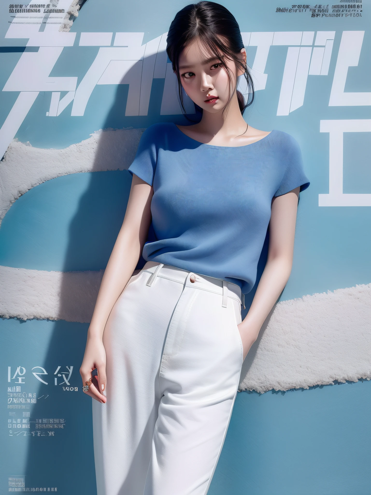 Highest quality, Ultra-high definition, Masterpieces, 8K quality,1girll,Young beautiful girl,White skin,Long legs, Wear short sleeves with an open waist,Blue denim trousers,Wide-leg pants,Delicate skin, Big eyes, Ultra detailed, offcial art, Unity 8k wallpaper,(FashionMagCover:1.3)