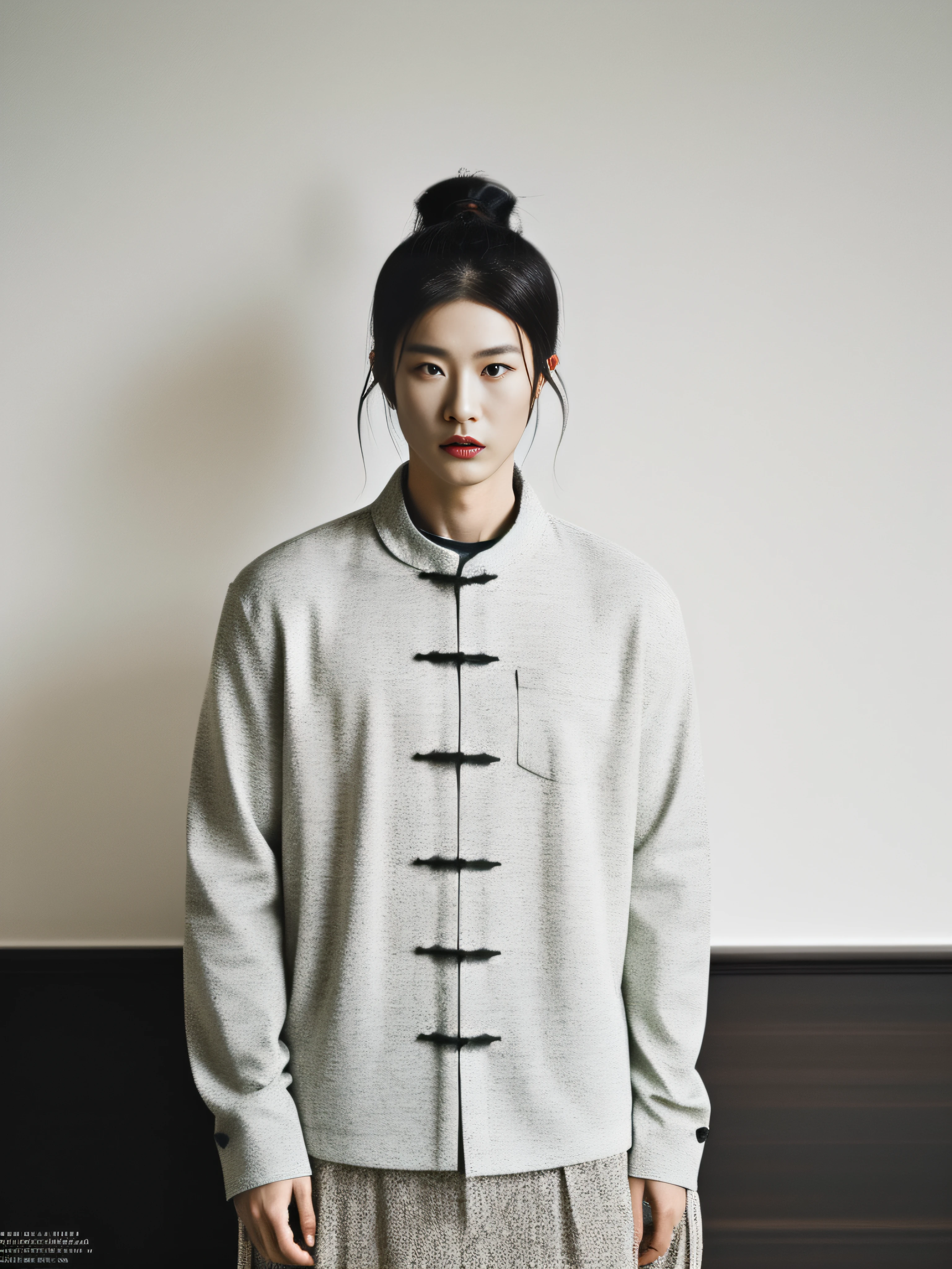 of a guy,fashion magazine,vanishing point,Black tones,alien planet,Elegant and stylish clothing,terracotta warriors,Minimalist interior design。