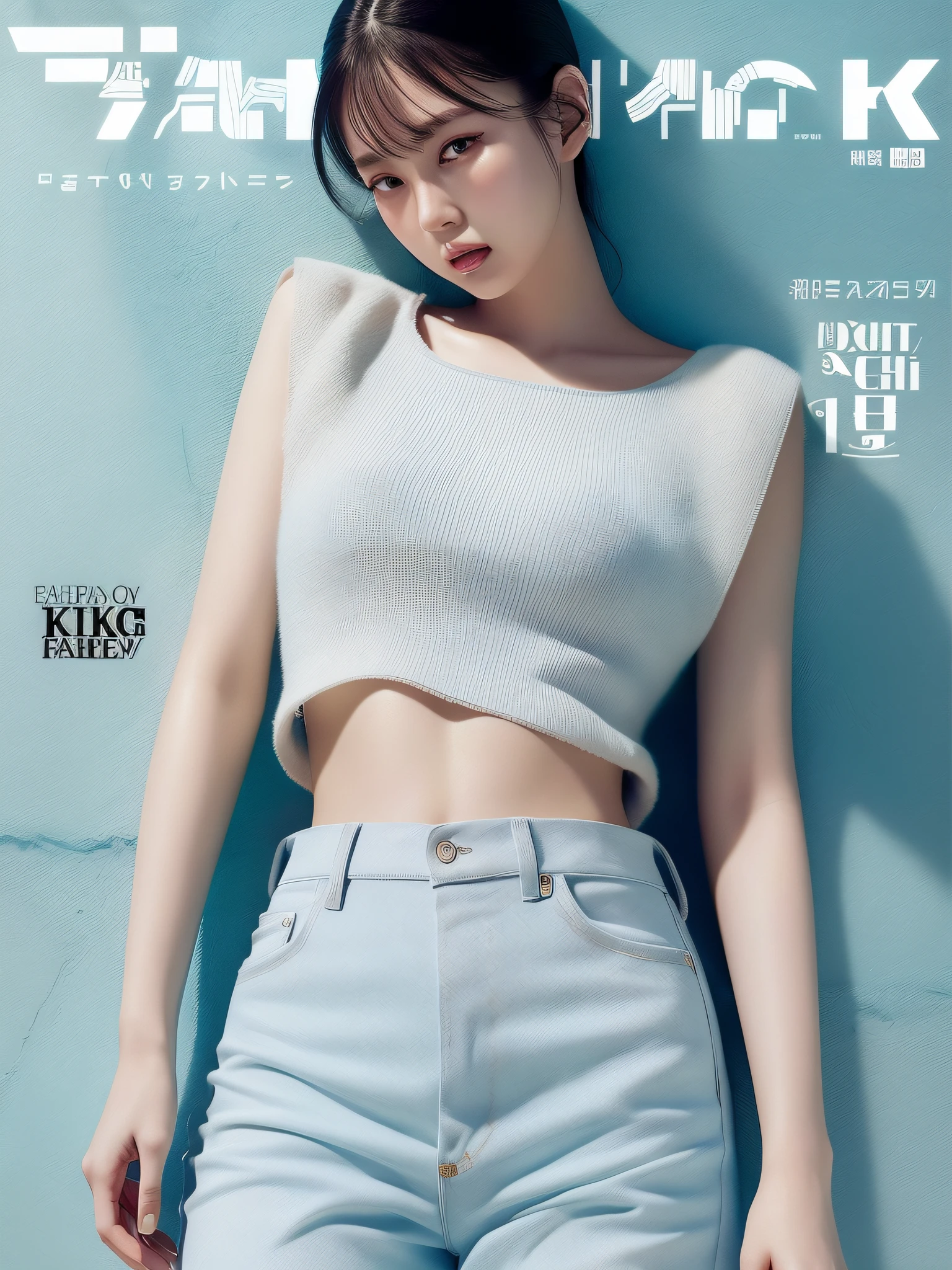 Highest quality, Ultra-high definition, Masterpieces, 8K quality,1girll,Young beautiful girl,White skin,Long legs, Wear short sleeves with an open waist,Blue denim trousers,Wide-leg pants,Delicate skin, Big eyes, Ultra detailed, offcial art, Unity 8k wallpaper,(FashionMagCover:1.3)