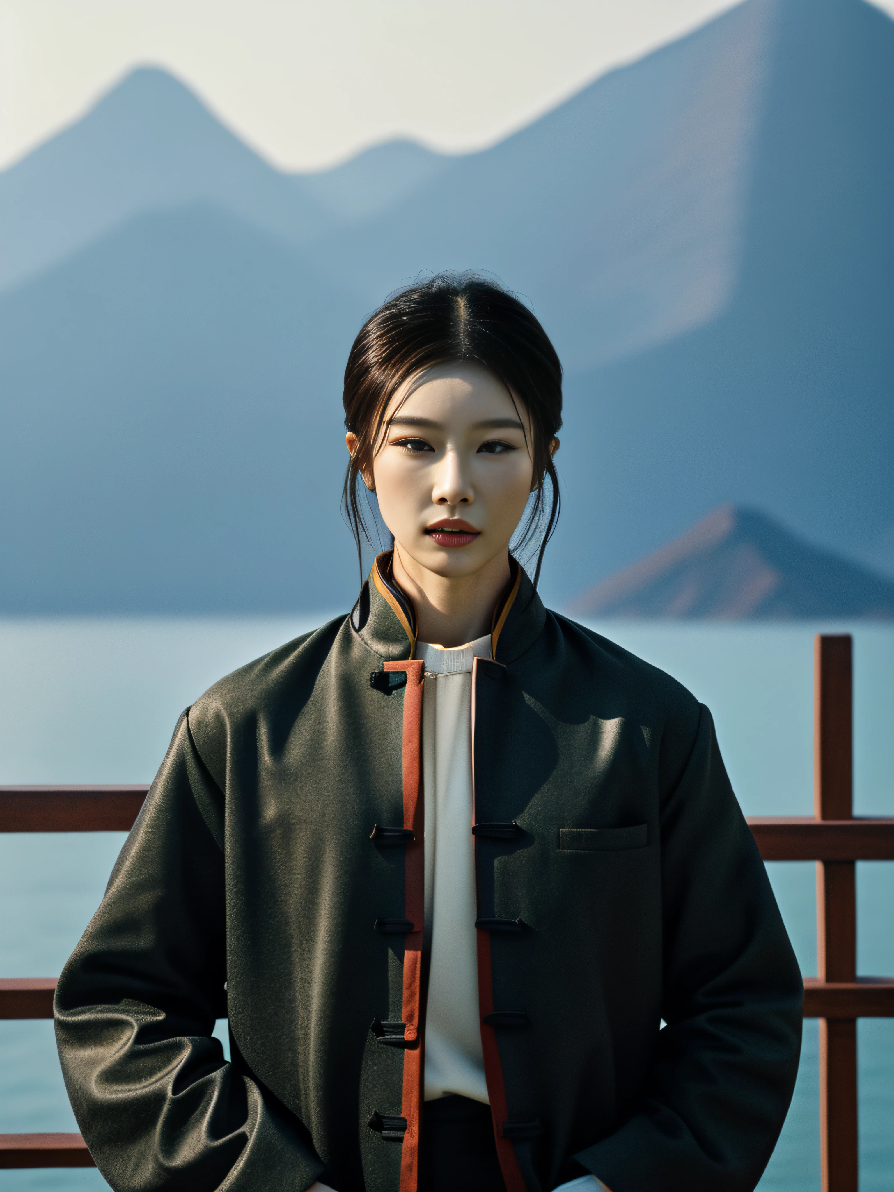a guy,fashion magazine,Black tones,terracotta warriors,streaked hair,Elegant and stylish clothing,Minimalist interior design,masterpiece,textured skin,award winning,best quality,vanishing point,bon chic bon genre outfit,Terracotta Warriors,minimal interior design,Mountains and Seas Sutra