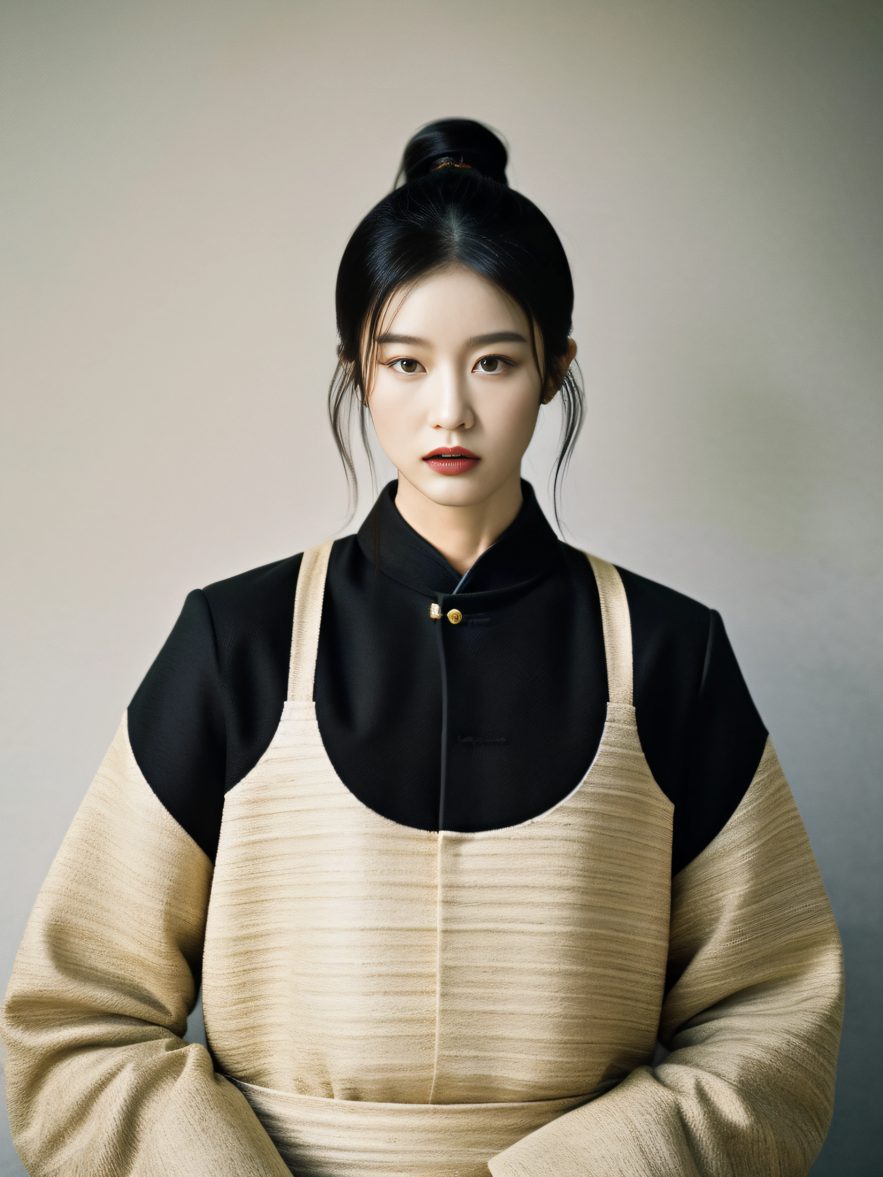 a guy,fashion magazine,Black tones,terracotta warriors,streaked hair,Elegant and stylish clothing,Minimalist interior design,masterpiece,textured skin,award winning,best quality,vanishing point,bon chic bon genre outfit,Terracotta Warriors,minimal interior design,Mountains and Seas Sutra