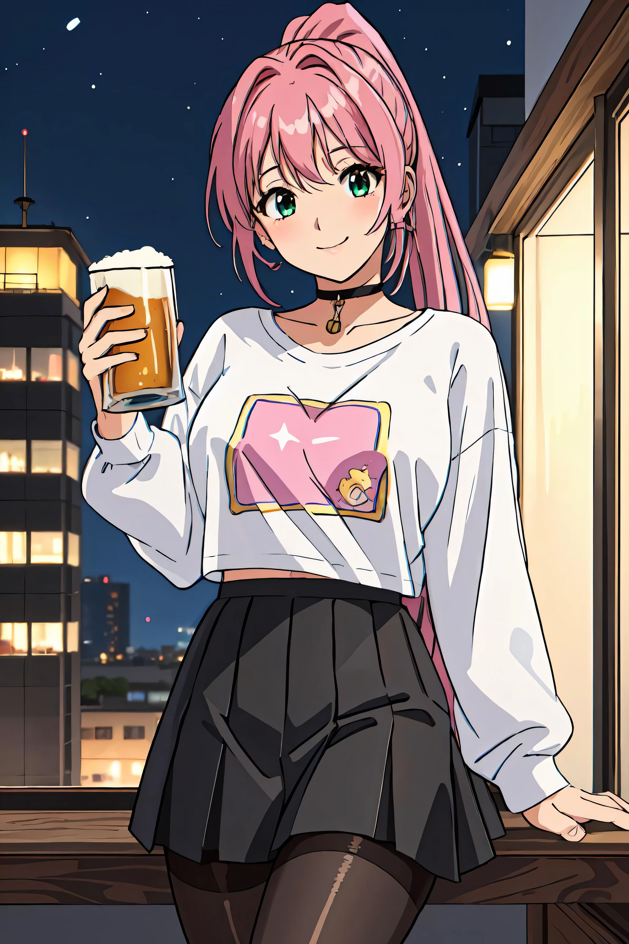 (best quality), (masterpiece), 21 year old Moka, ponytail, holding a beer glass, at a roof party at night, wearing a cute skirt, cute long-sleeve t-shirt, pantyhose, choker, flushed cheeks, looking at viewer, flirty smile, warm atmosphere,